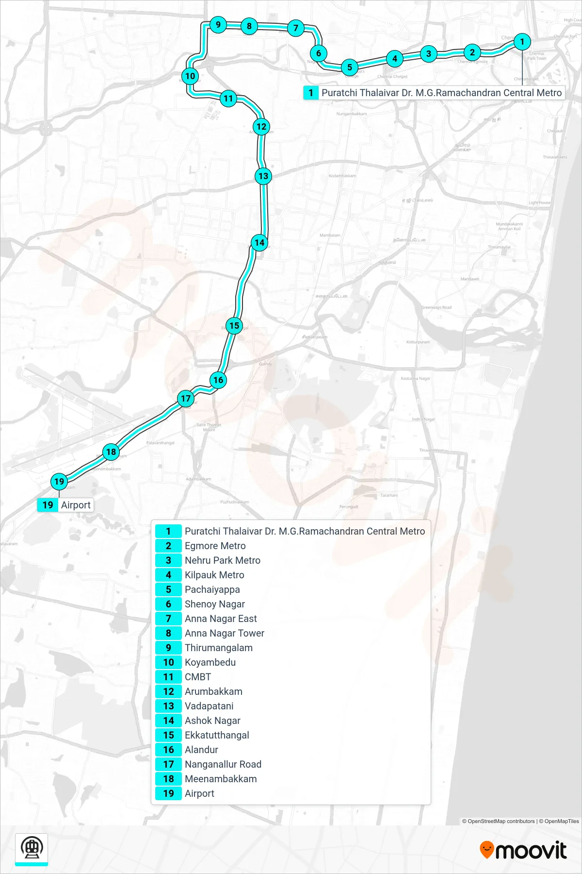 INTER-CORRIDOR metro Line (Towards Airport) route and stops on a map