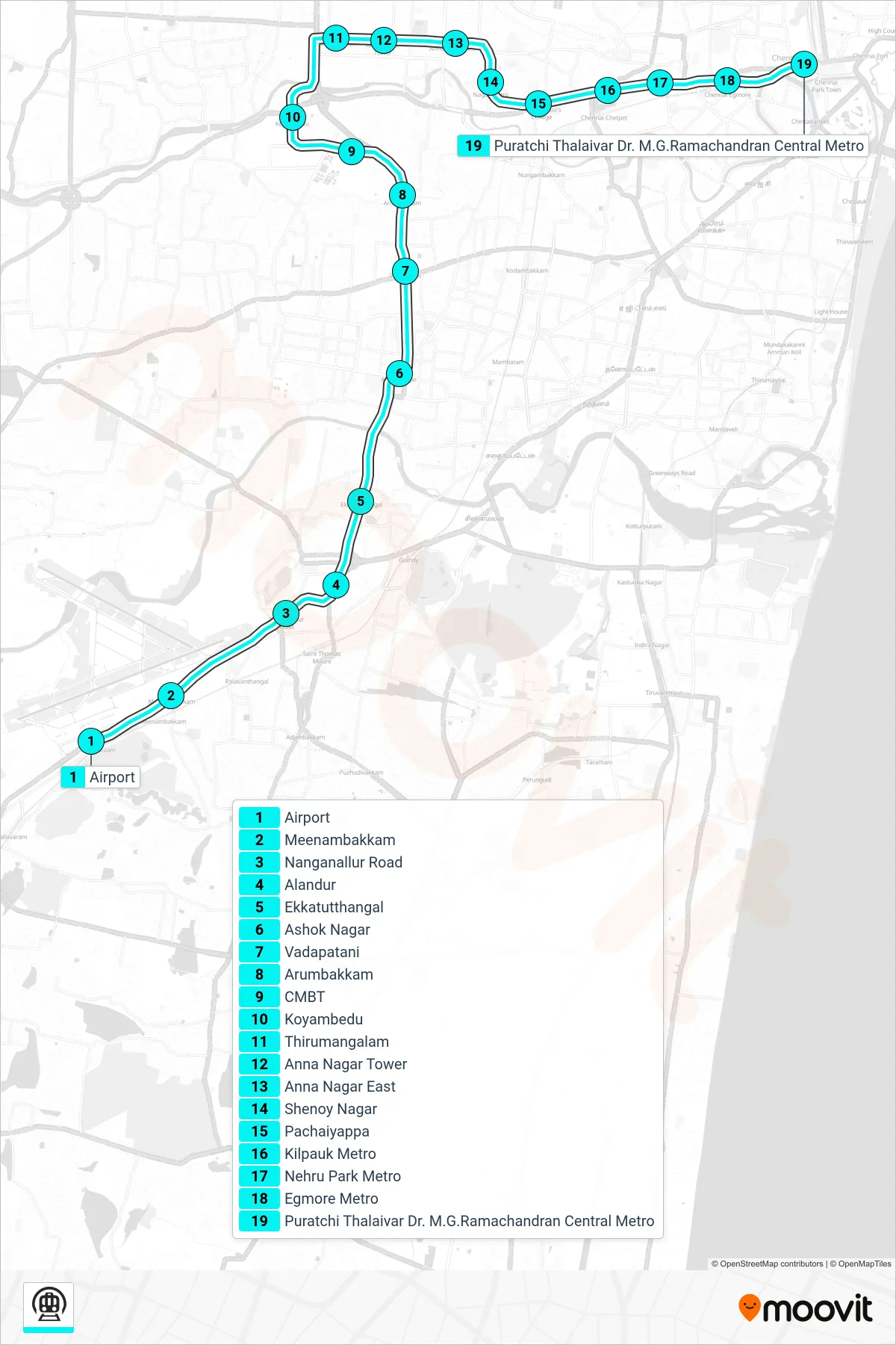 INTER-CORRIDOR subway Line (Towards Central Metro) route and stops on a map