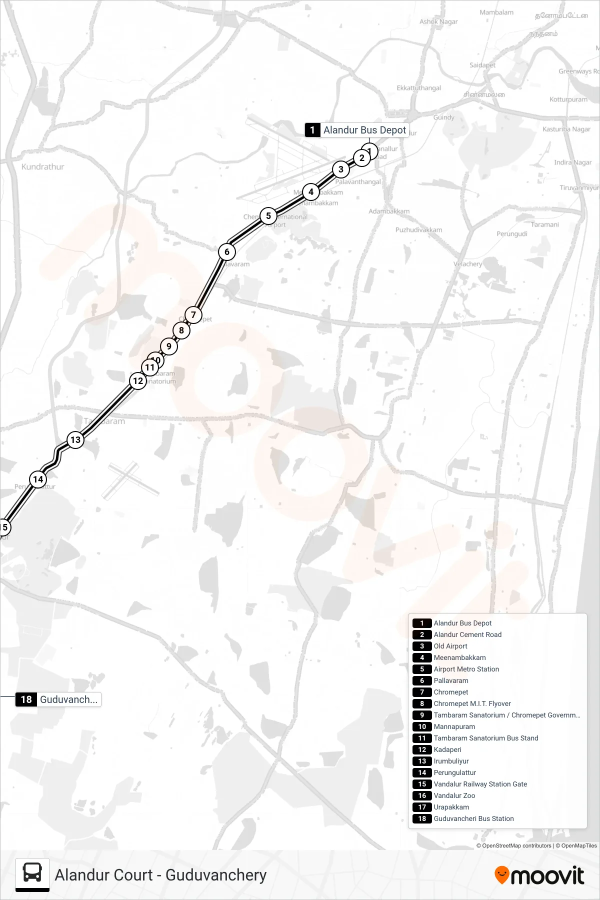 E18 bus Line (Guduvanchery) route and stops on a map
