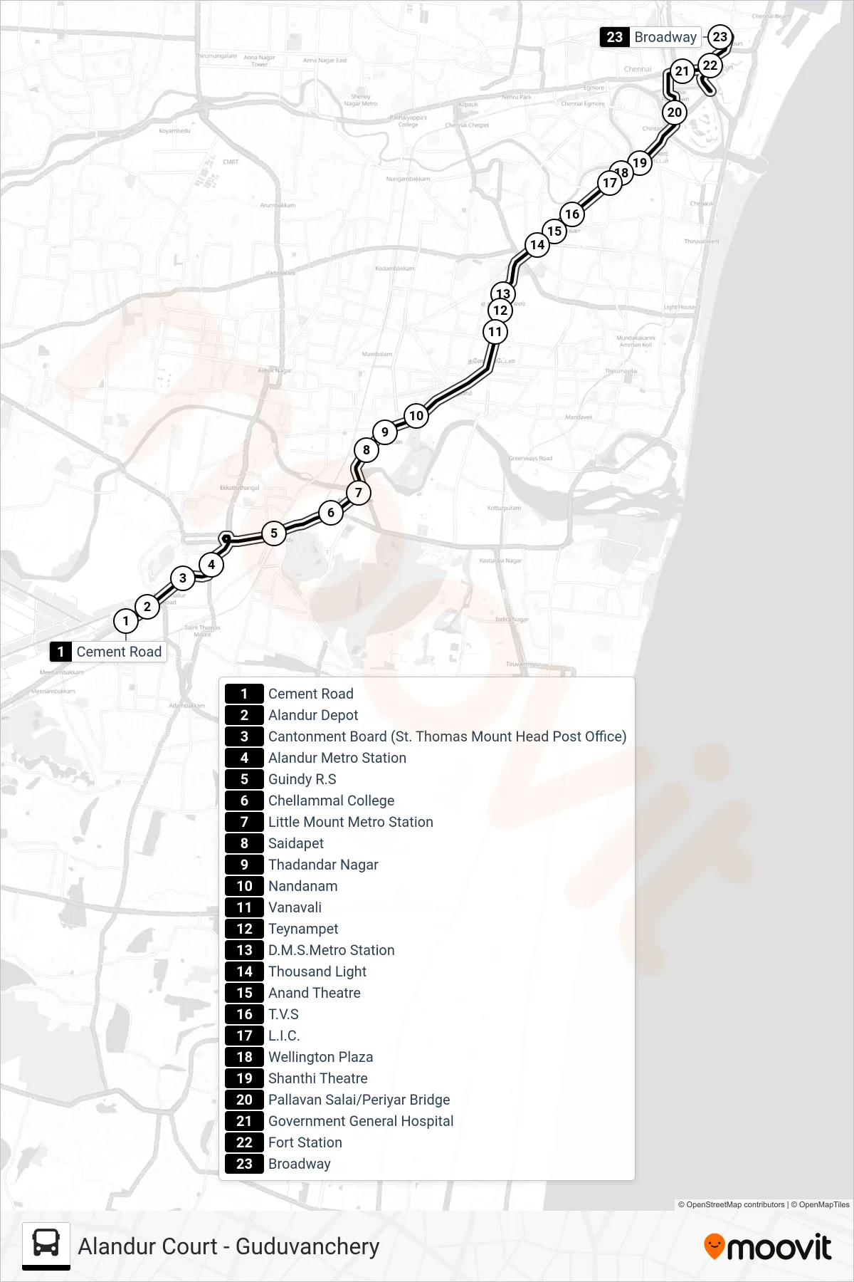 E18 bus Line (Broadway) route and stops on a map
