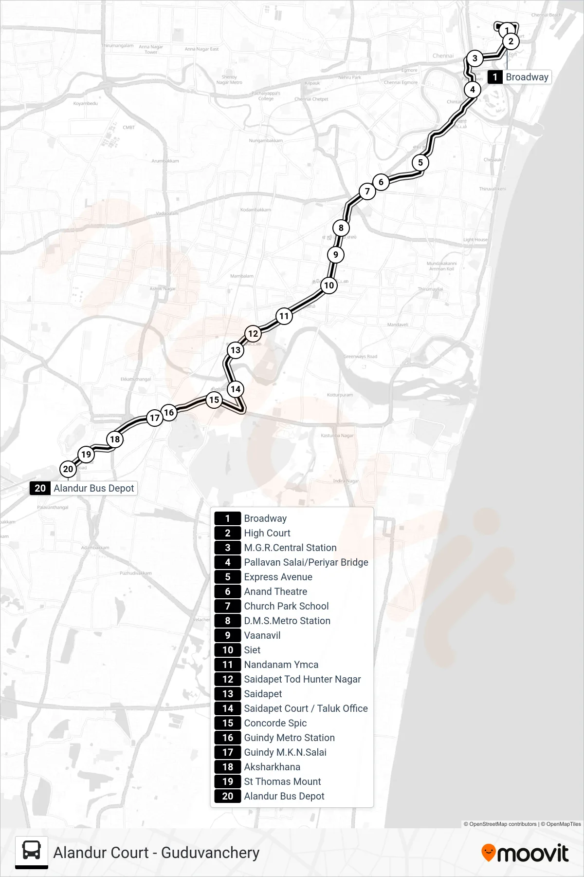 E18 bus Line (Alandur Court) route and stops on a map
