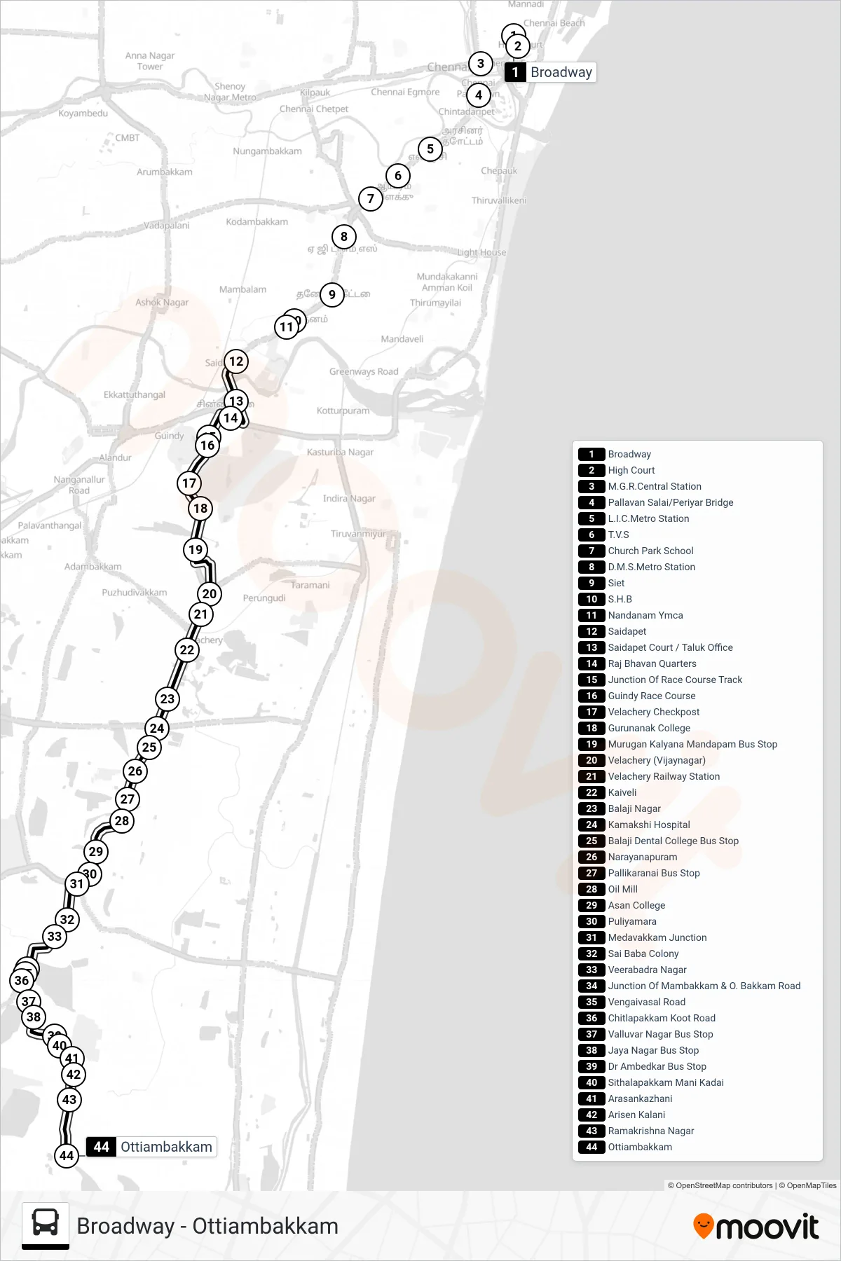 E51 bus Line (Ottiambakkam) route and stops on a map