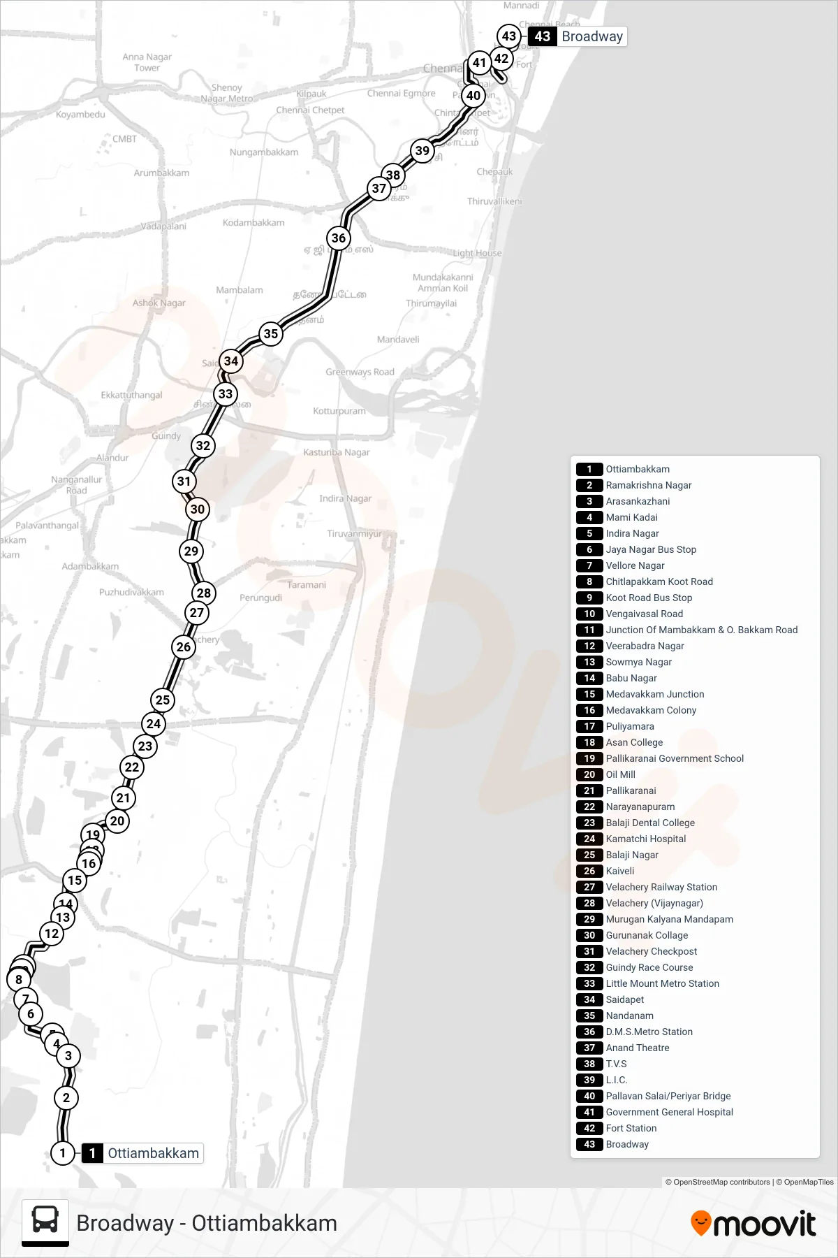 E51 bus Line (Broadway) route and stops on a map