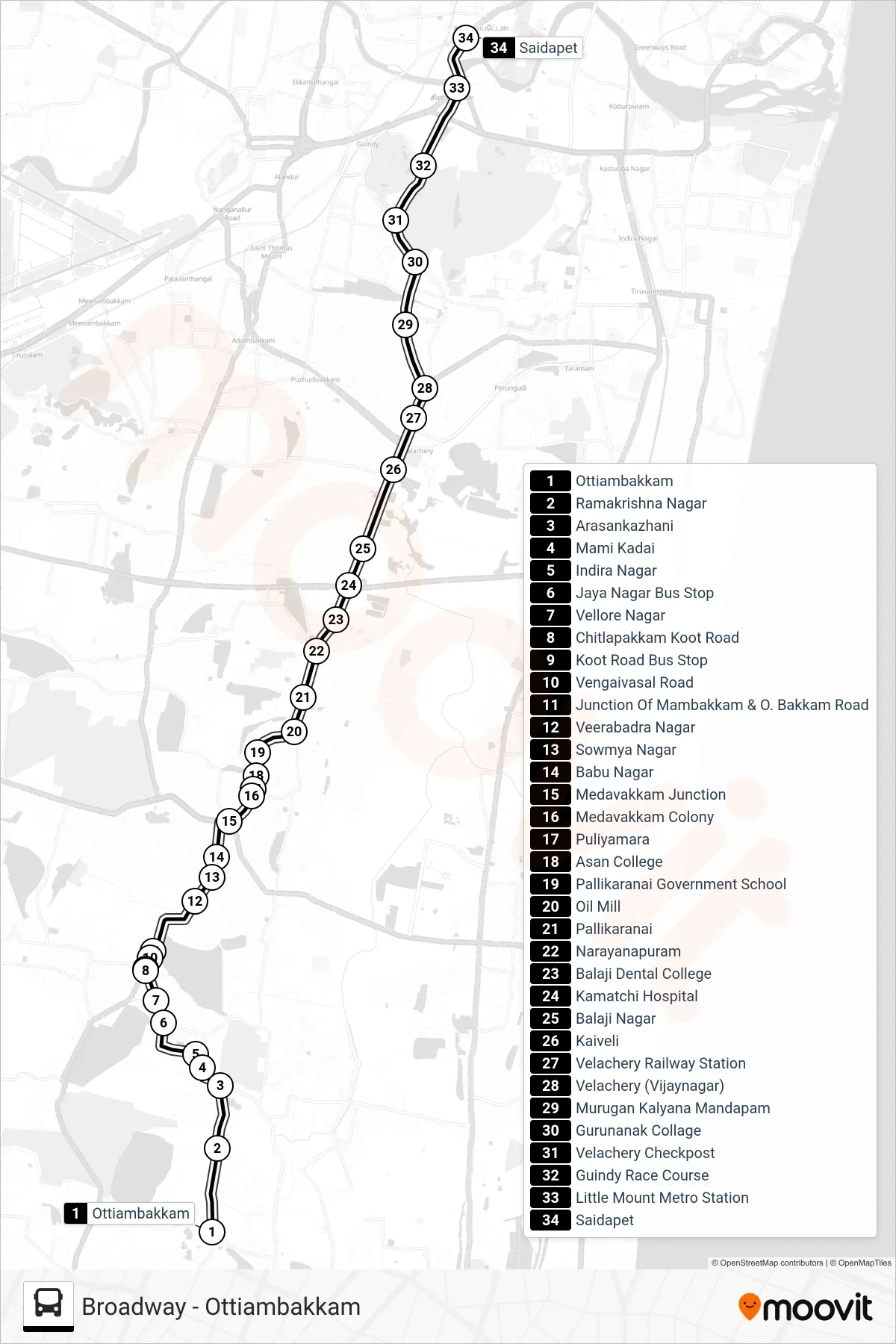 E51 bus Line (Saidapet) route and stops on a map