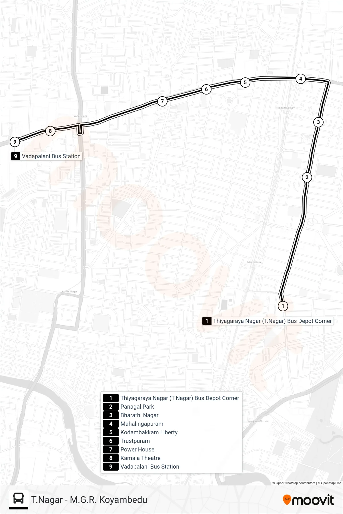 M27 bus Line (Vadapalani B.S.) route and stops on a map