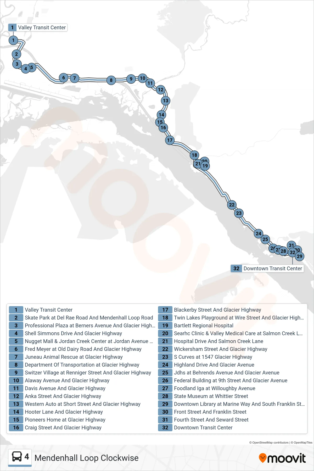 4 bus Line (Valley Transit Center Bay 4→Downtown Transit Center) route and stops on a map