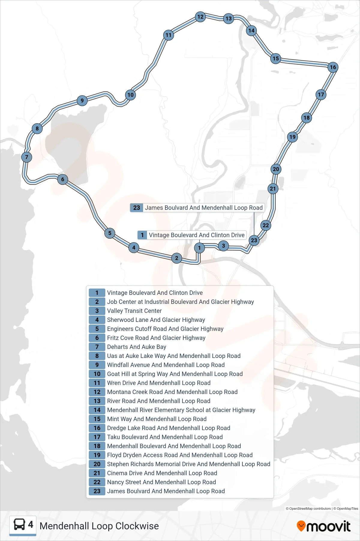 4 bus Line (Valley Transit Center Bay 3→Valley Transit Center Bay 4) route and stops on a map