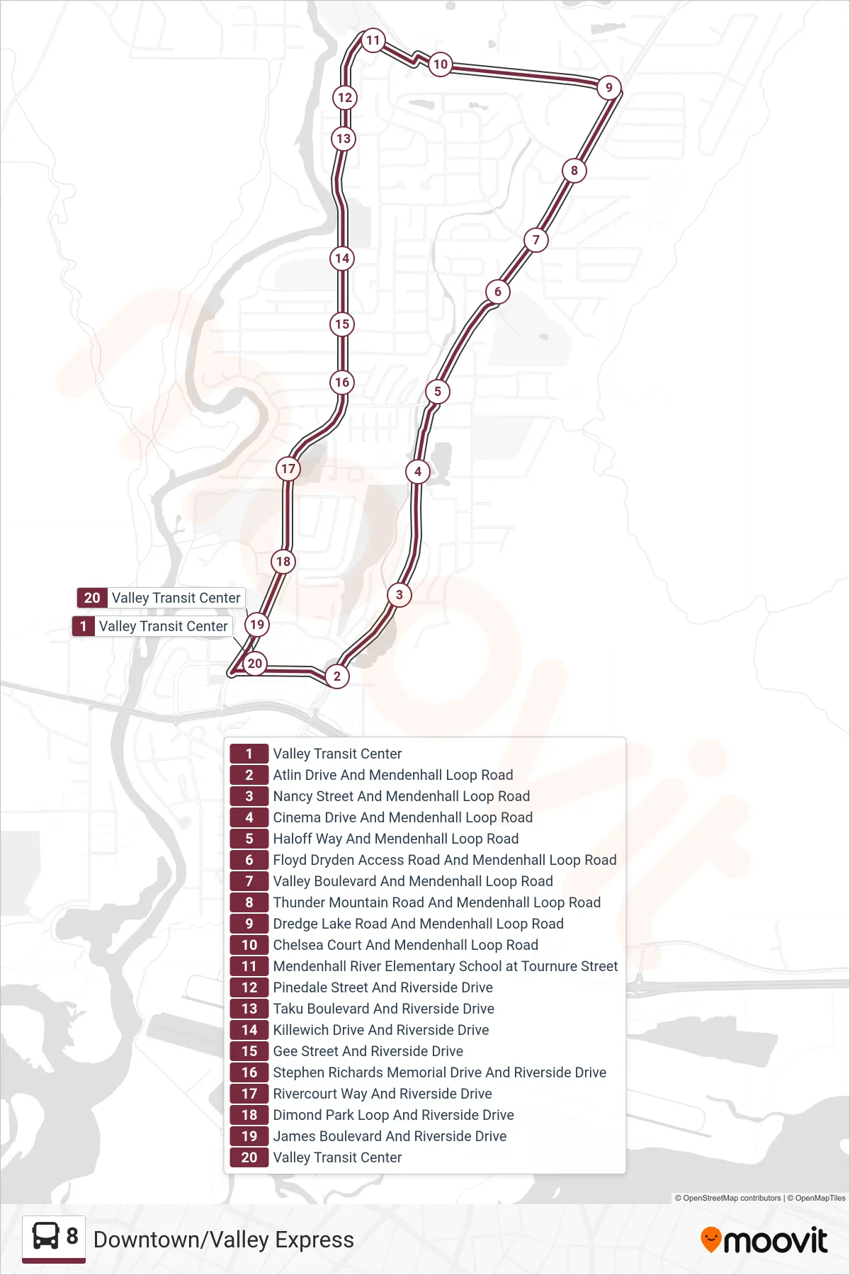 8 bus Line (Valley Transit Center Bay 3→Valley Transit Center Bay 2) route and stops on a map