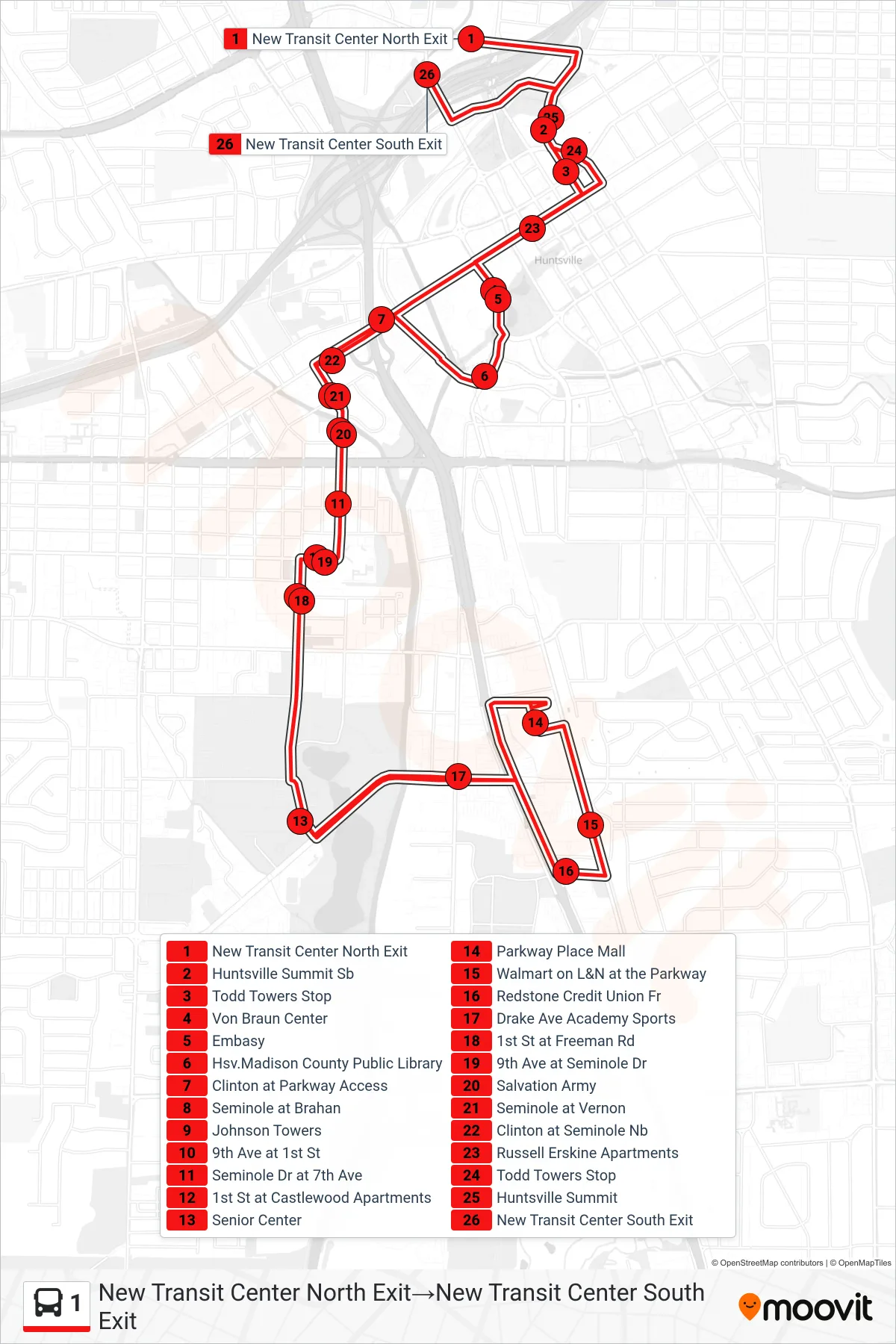 1 bus Line (New Transit Center North Exit→New Transit Center South Exit) route and stops on a map