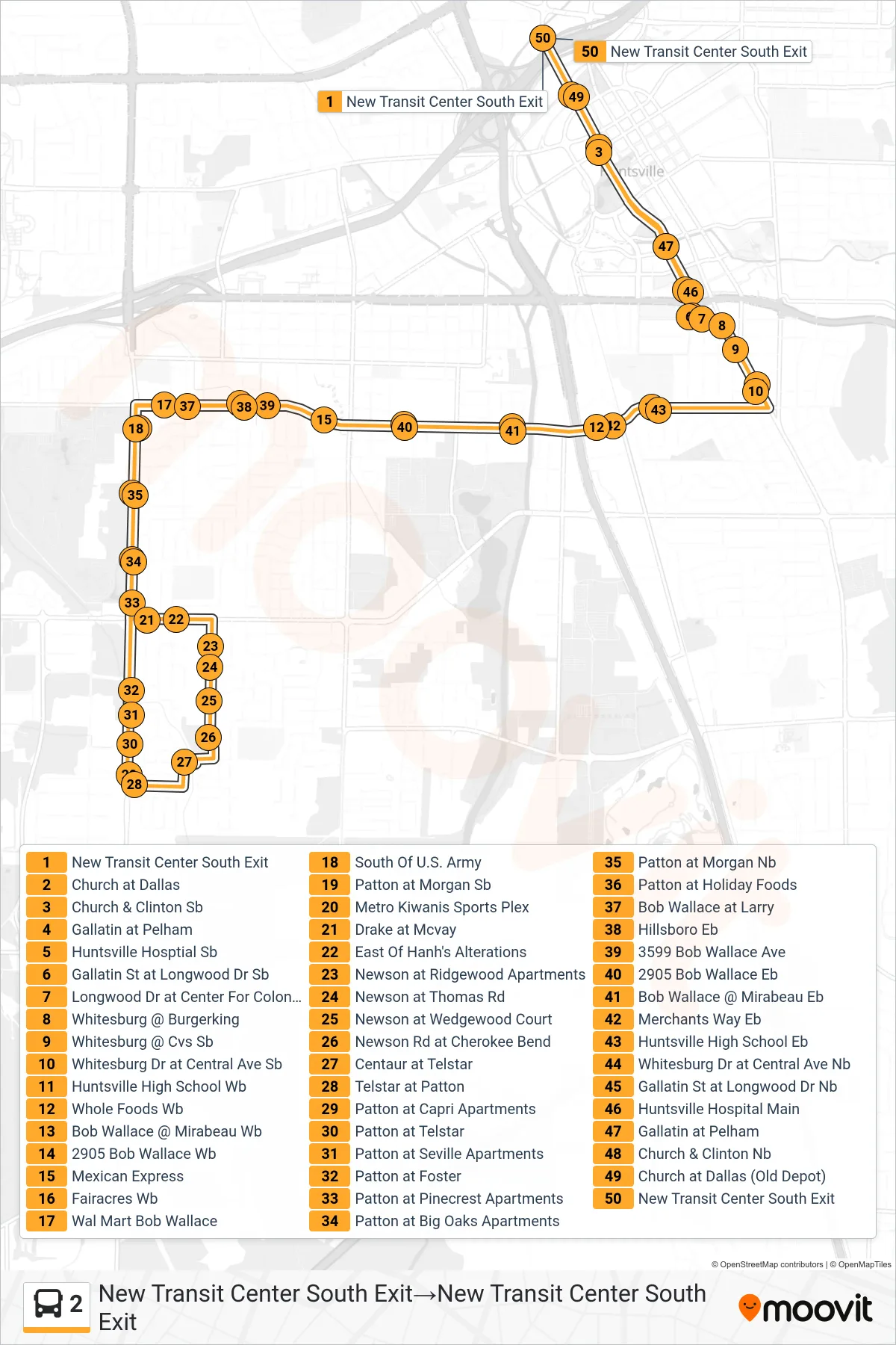 2 bus Line (New Transit Center South Exit→New Transit Center South Exit) route and stops on a map