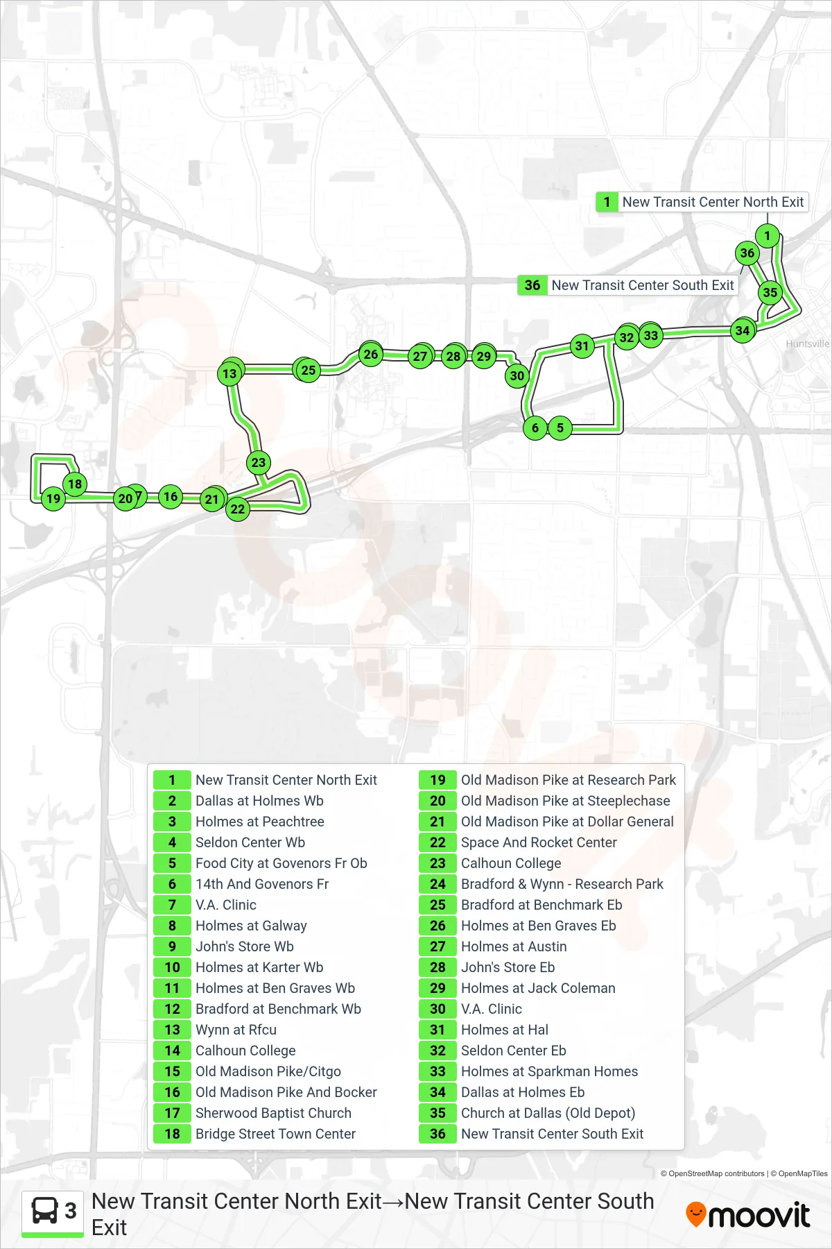 3 bus Line (New Transit Center North Exit→New Transit Center South Exit) route and stops on a map
