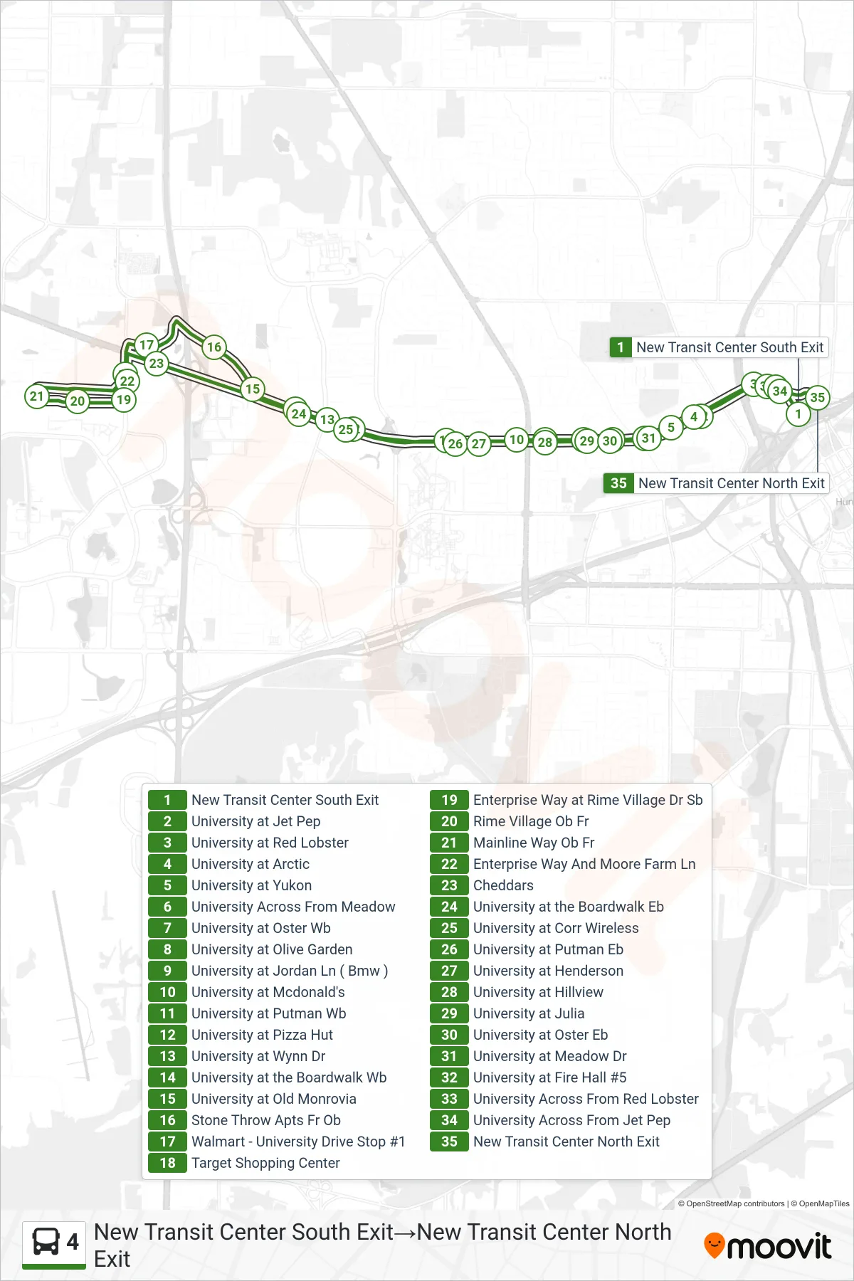 4 bus Line (New Transit Center South Exit‎→New Transit Center North Exit) route and stops on a map