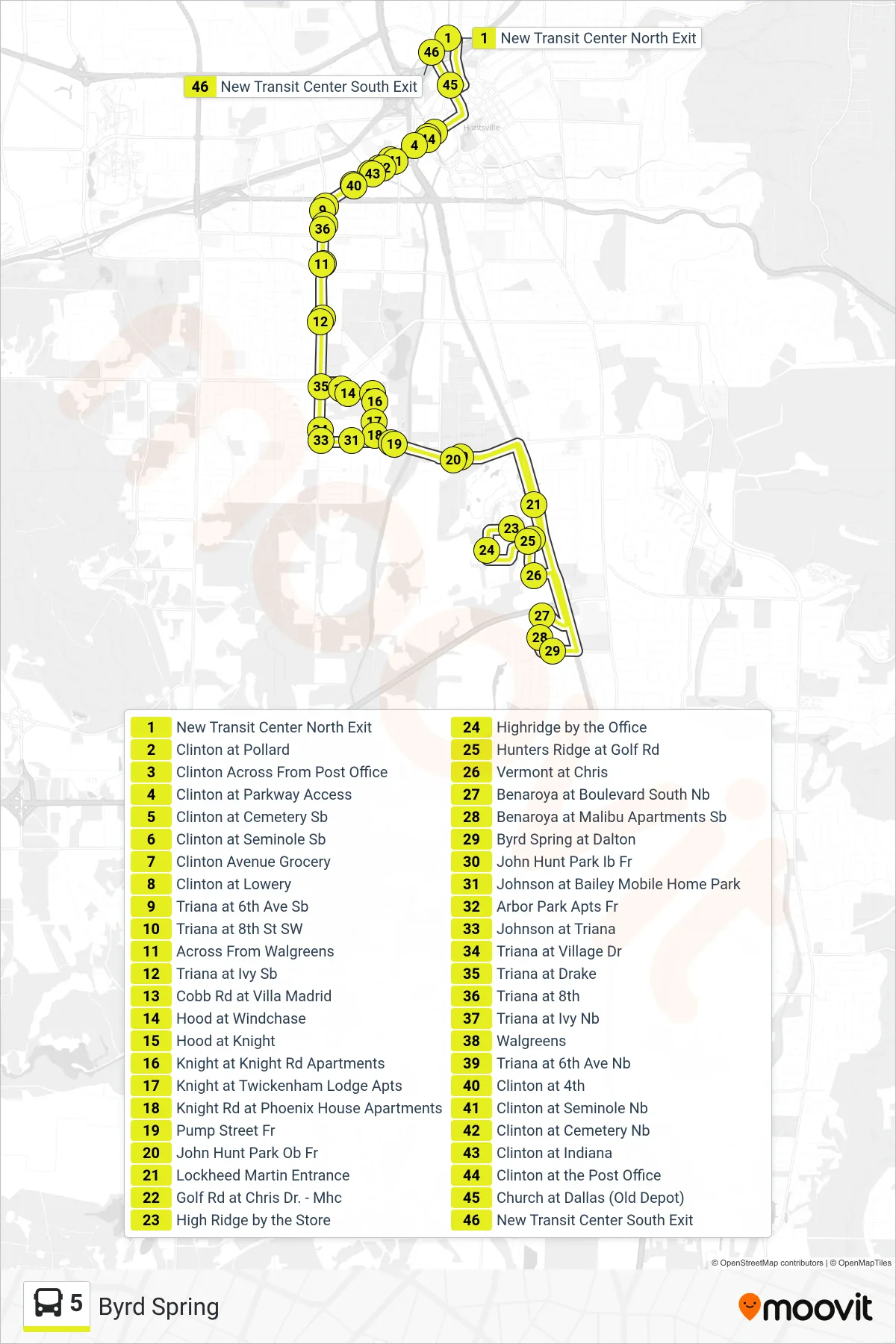 5 bus Line (New Transit Center North Exit‎→New Transit Center South Exit) route and stops on a map