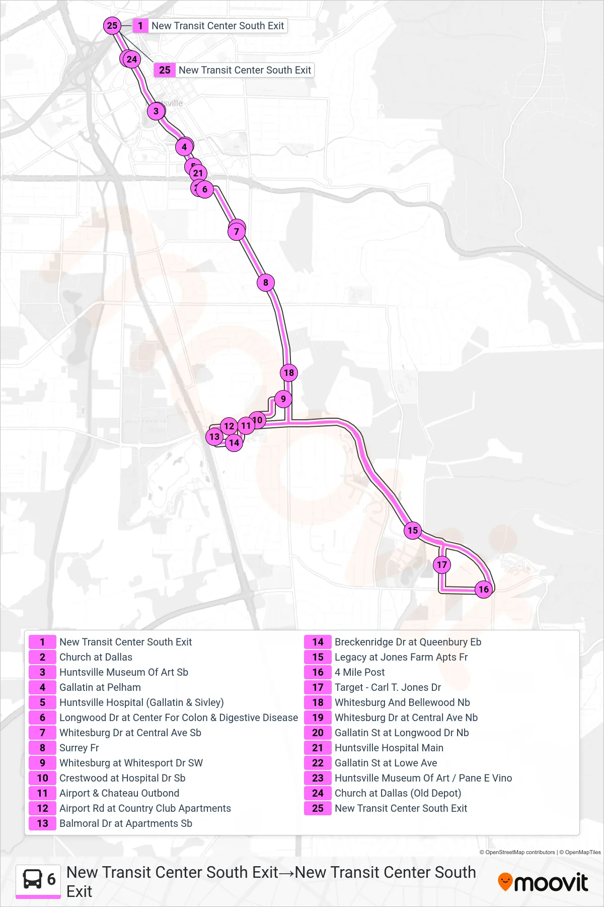 6 bus Line (New Transit Center South Exit‎→New Transit Center South Exit) route and stops on a map