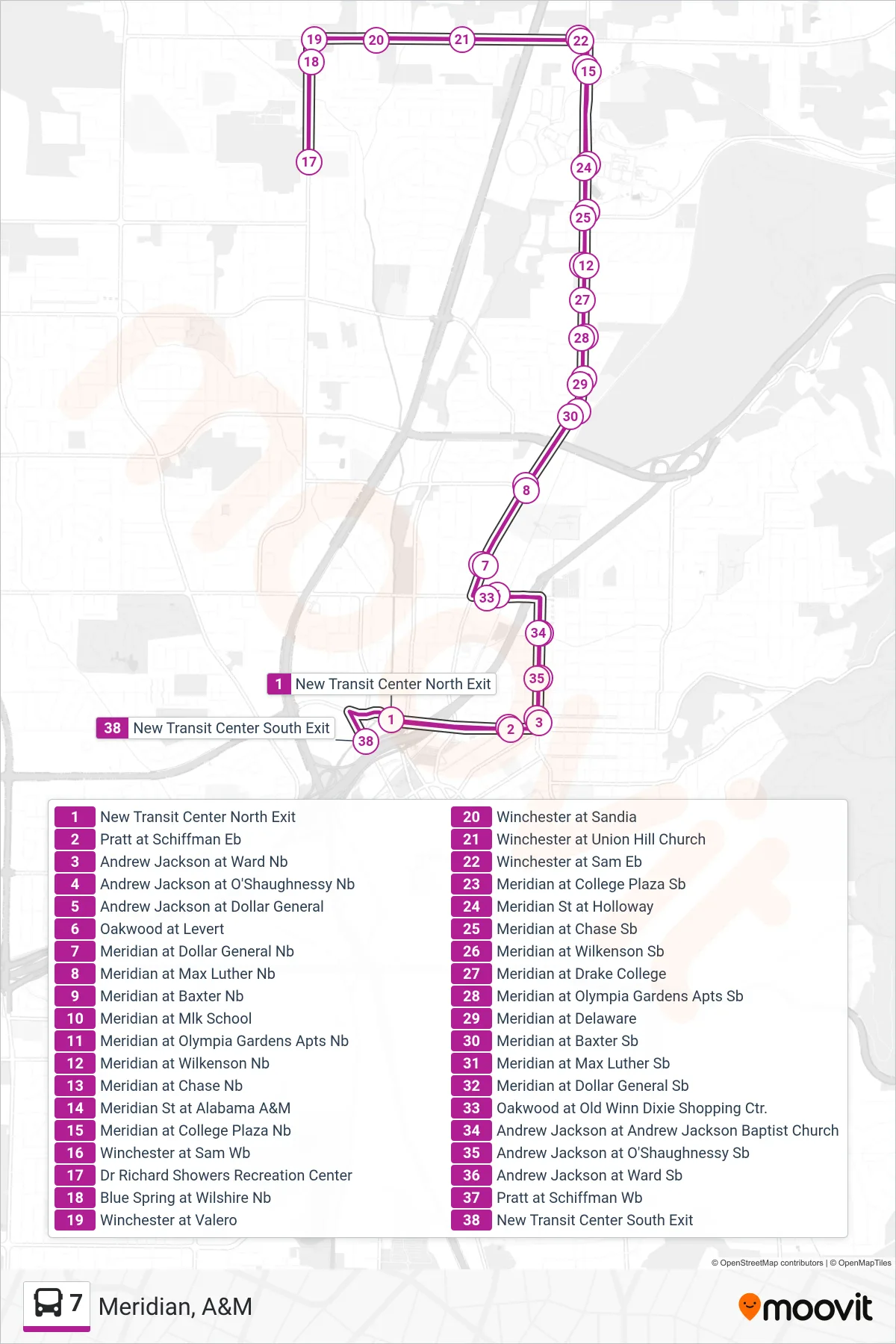 7 bus Line (New Transit Center North Exit‎→New Transit Center South Exit) route and stops on a map
