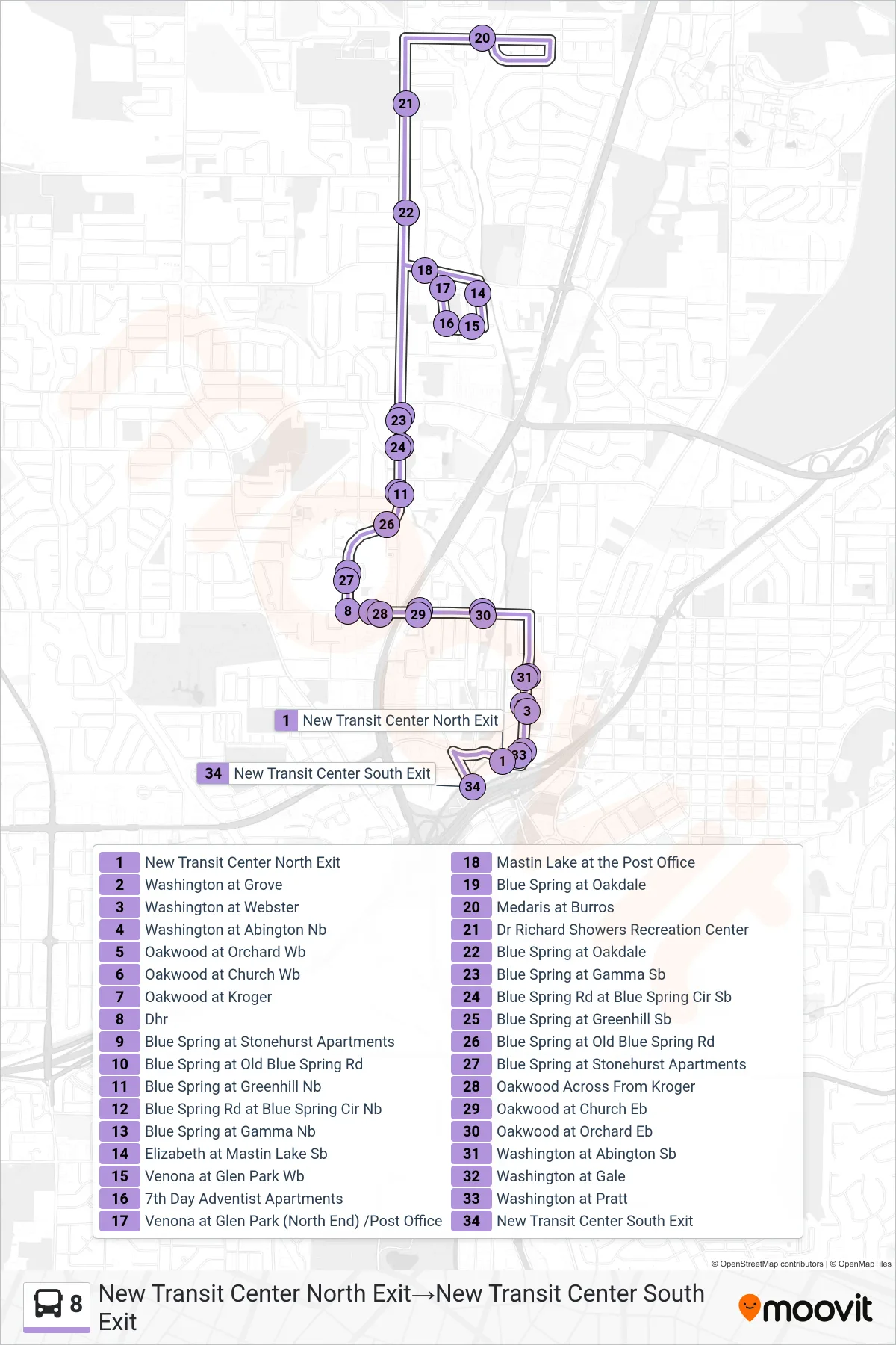 8 bus Line (New Transit Center North Exit→New Transit Center South Exit) route and stops on a map