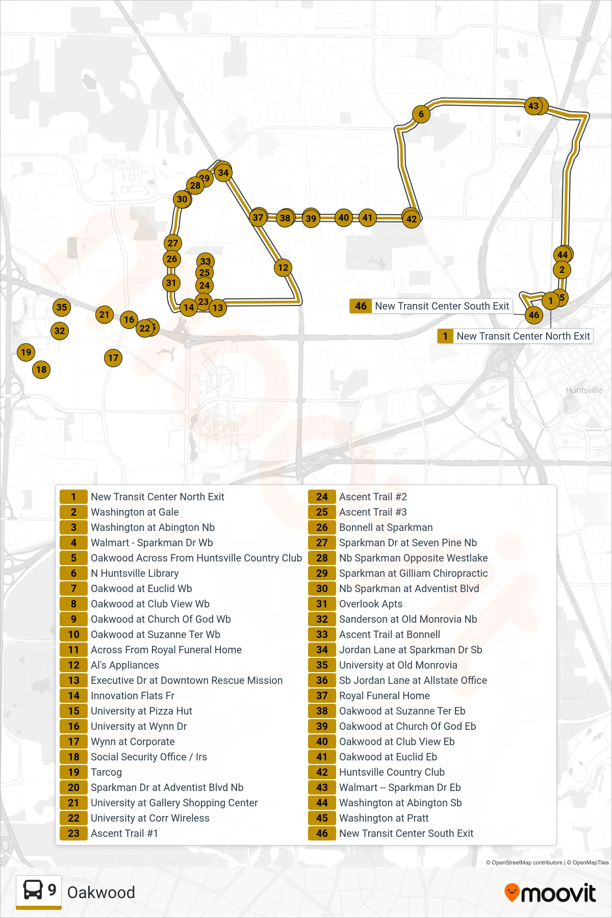 9 bus Line (New Transit Center North Exit→New Transit Center South Exit) route and stops on a map