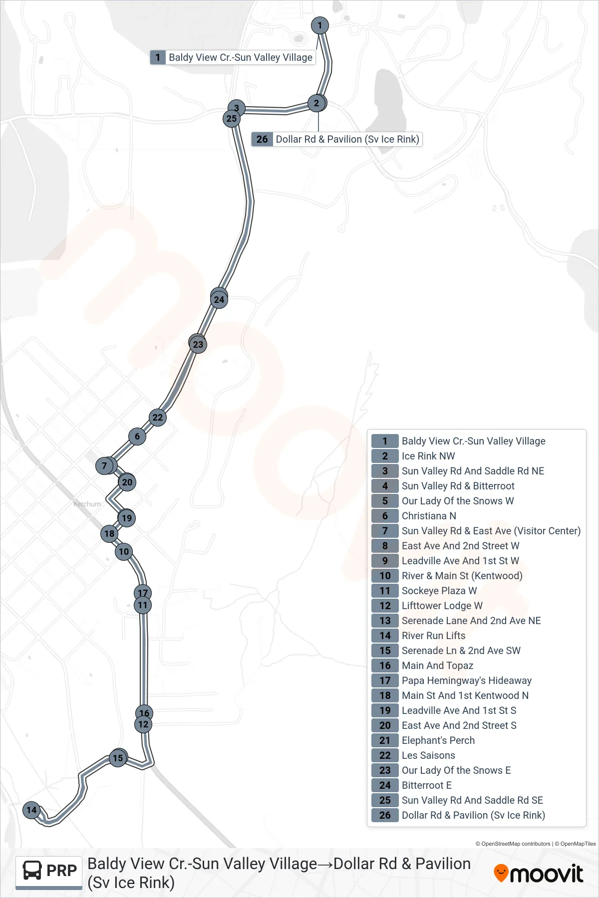 PRP bus Line (Baldy View Cr.-Sun Valley Village→Dollar Rd & Pavilion (Sv Ice Rink)) route and stops on a map