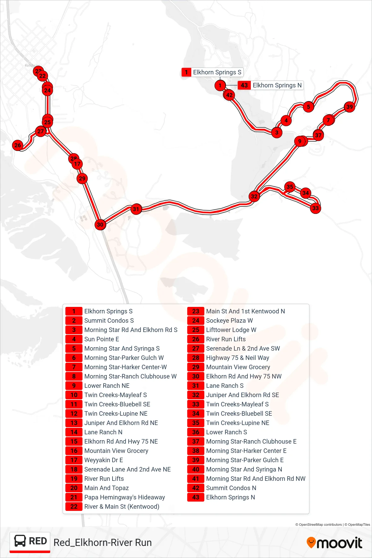 RED bus Line (Elkhorn Springs S‎→Elkhorn Springs N) route and stops on a map