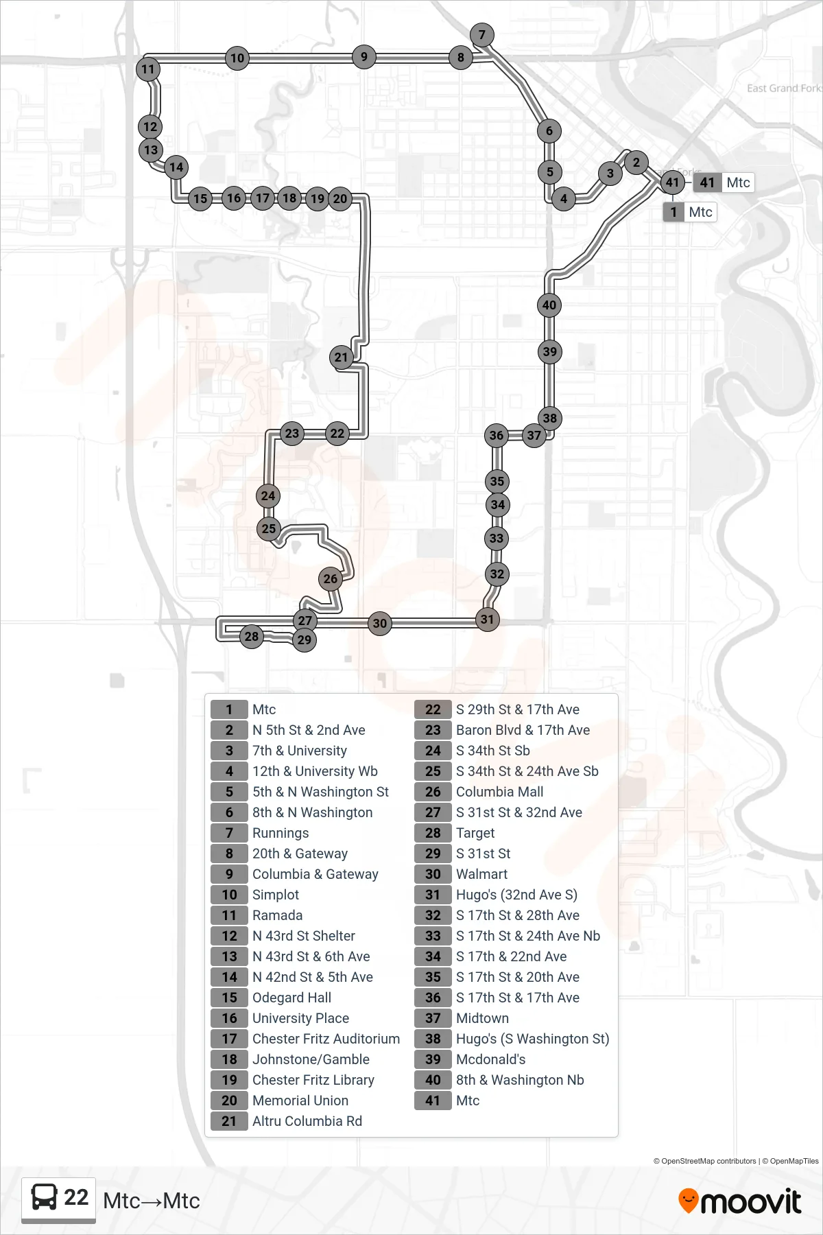 22 bus Line (Mtc→Mtc) route and stops on a map