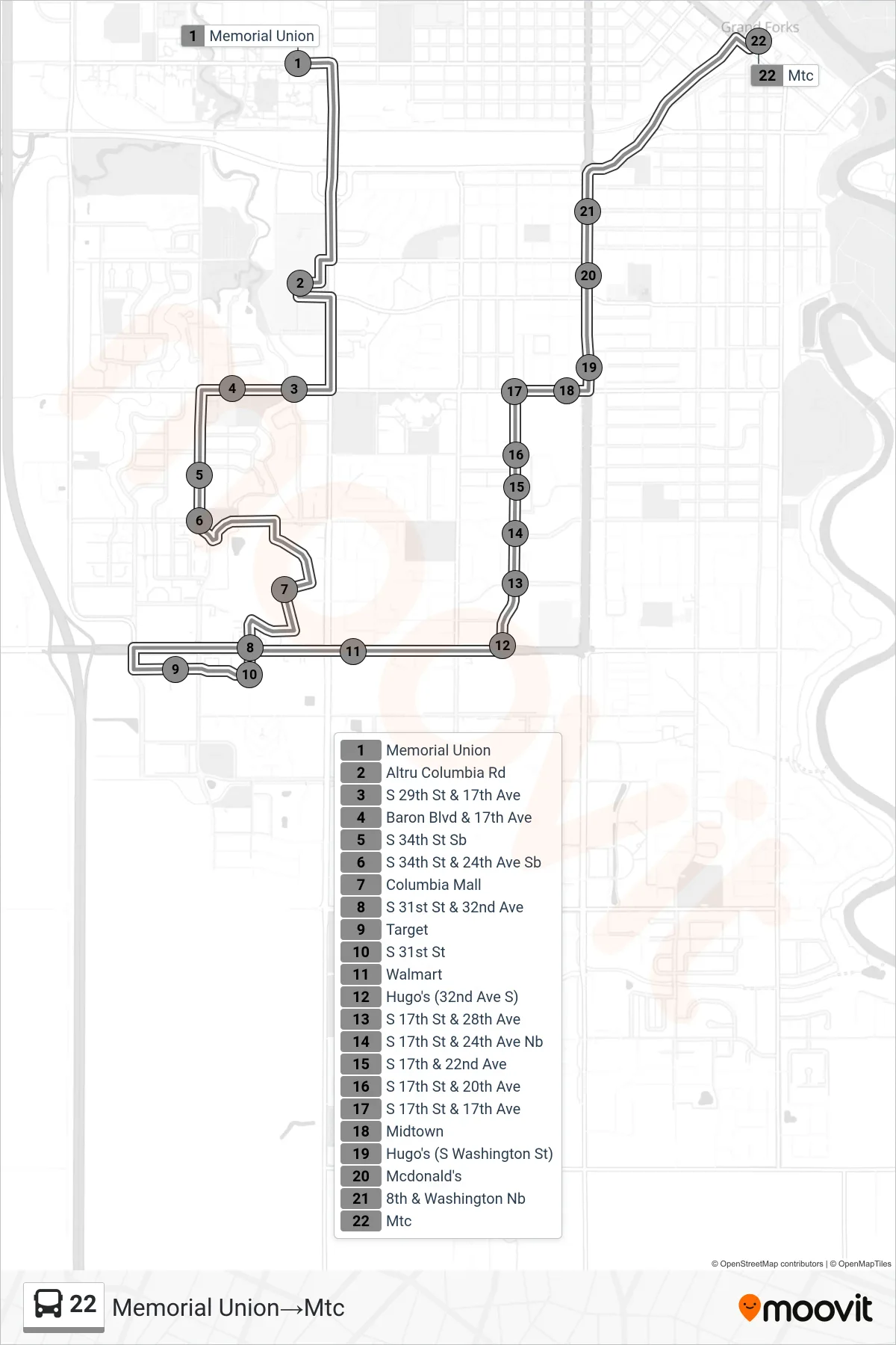 22 bus Line (Memorial Union→Mtc) route and stops on a map