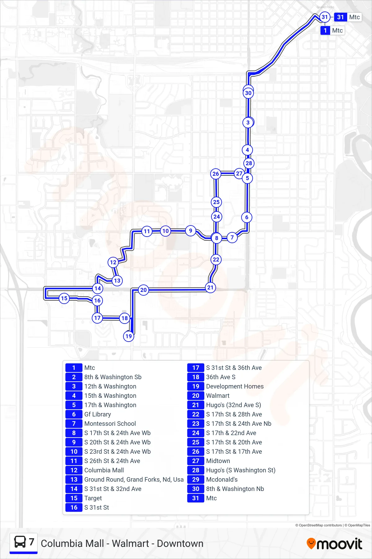 7 bus Line (Mtc→Mtc) route and stops on a map