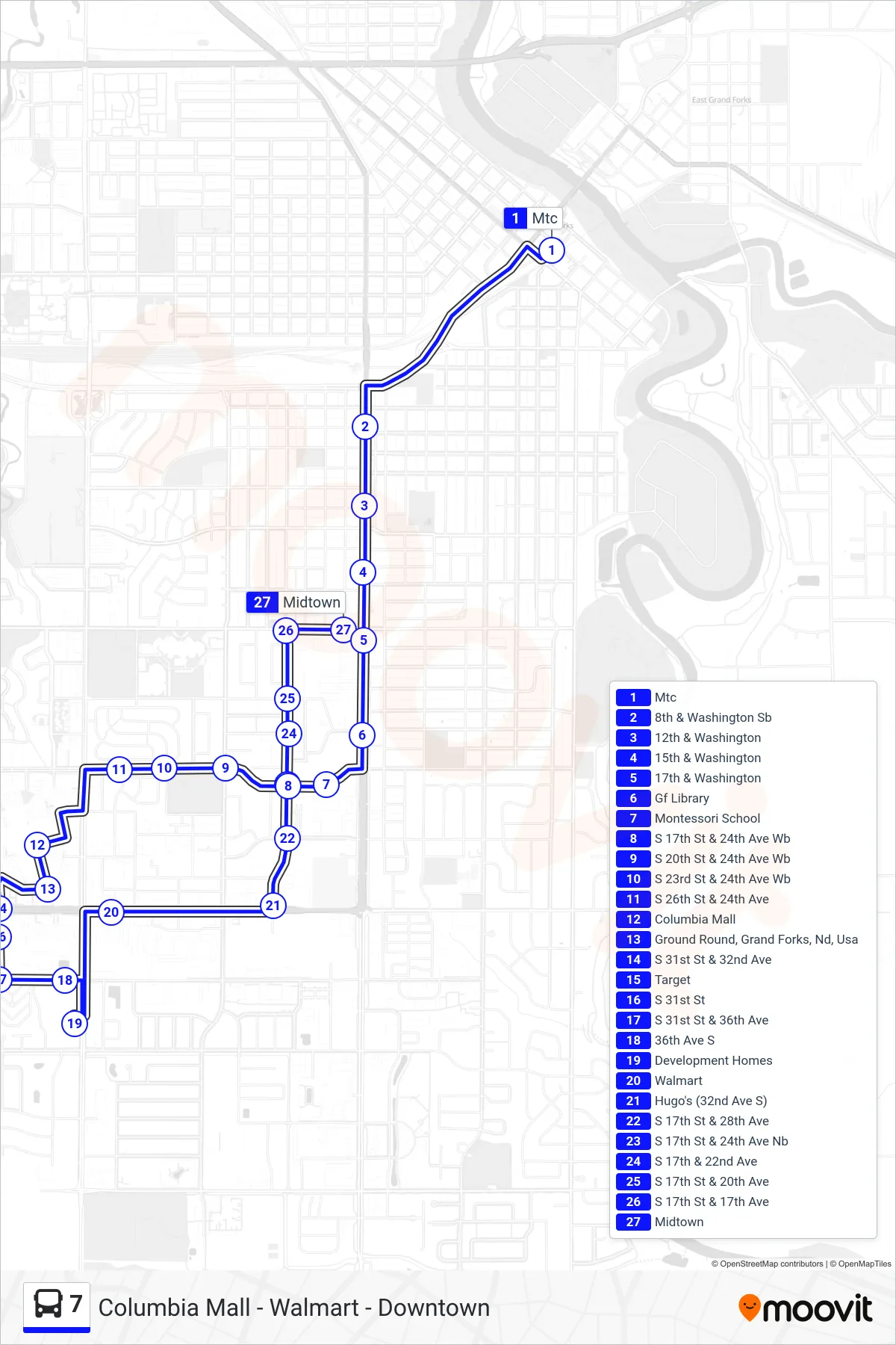 7 bus Line (Mtc→Midtown) route and stops on a map