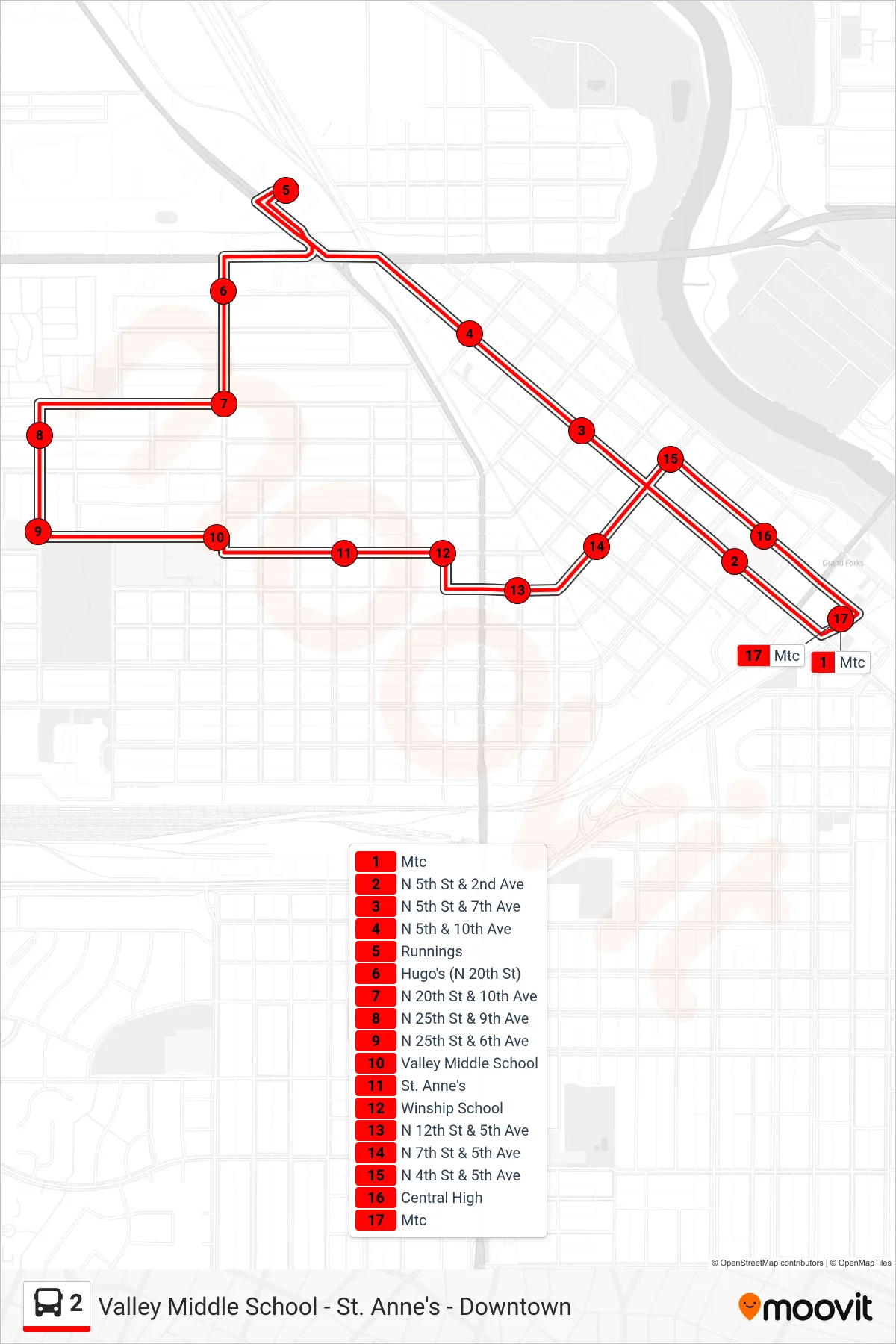 2 bus Line (Mtc→Mtc) route and stops on a map