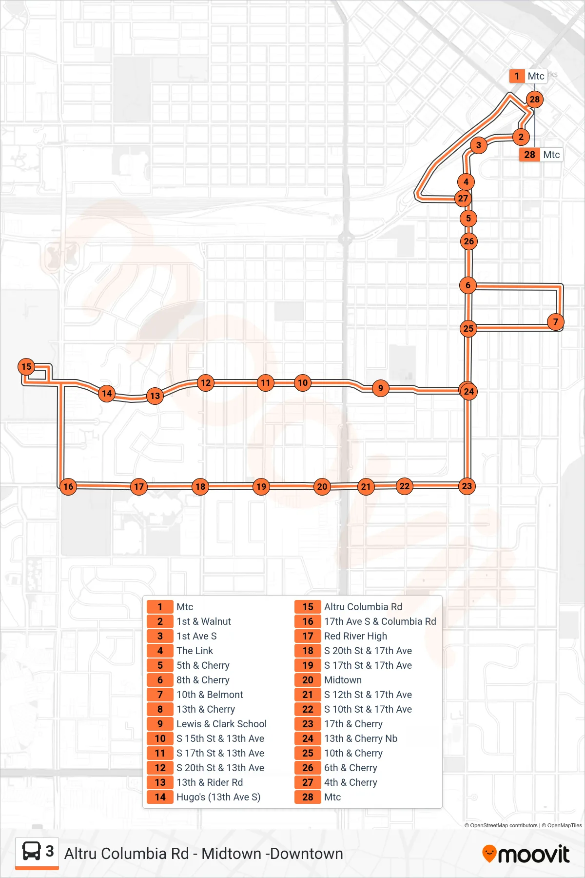 3 bus Line (Mtc→Mtc) route and stops on a map