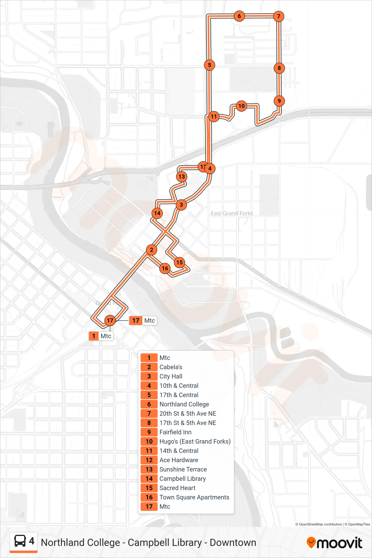 4 bus Line (Mtc→Mtc) route and stops on a map