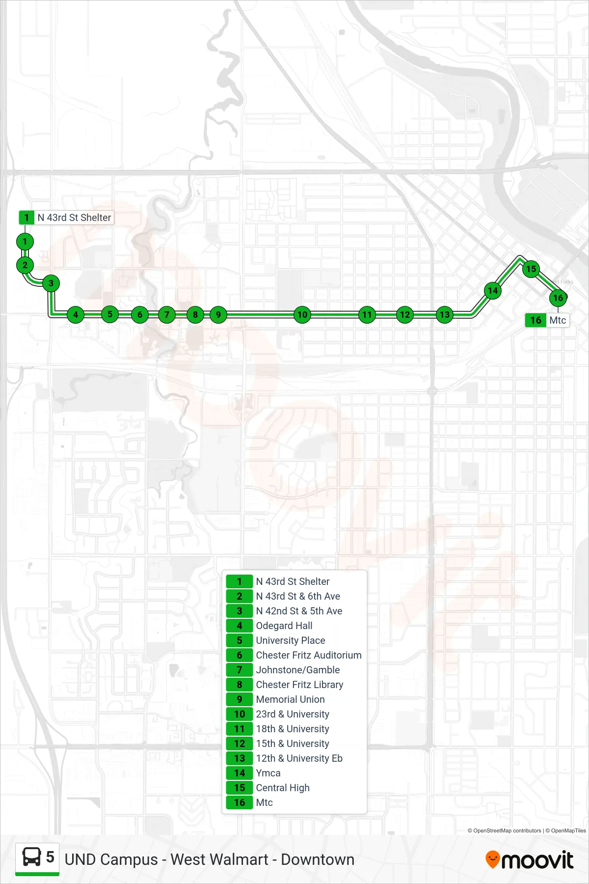 5 bus Line (N 43rd St Shelter→Mtc) route and stops on a map