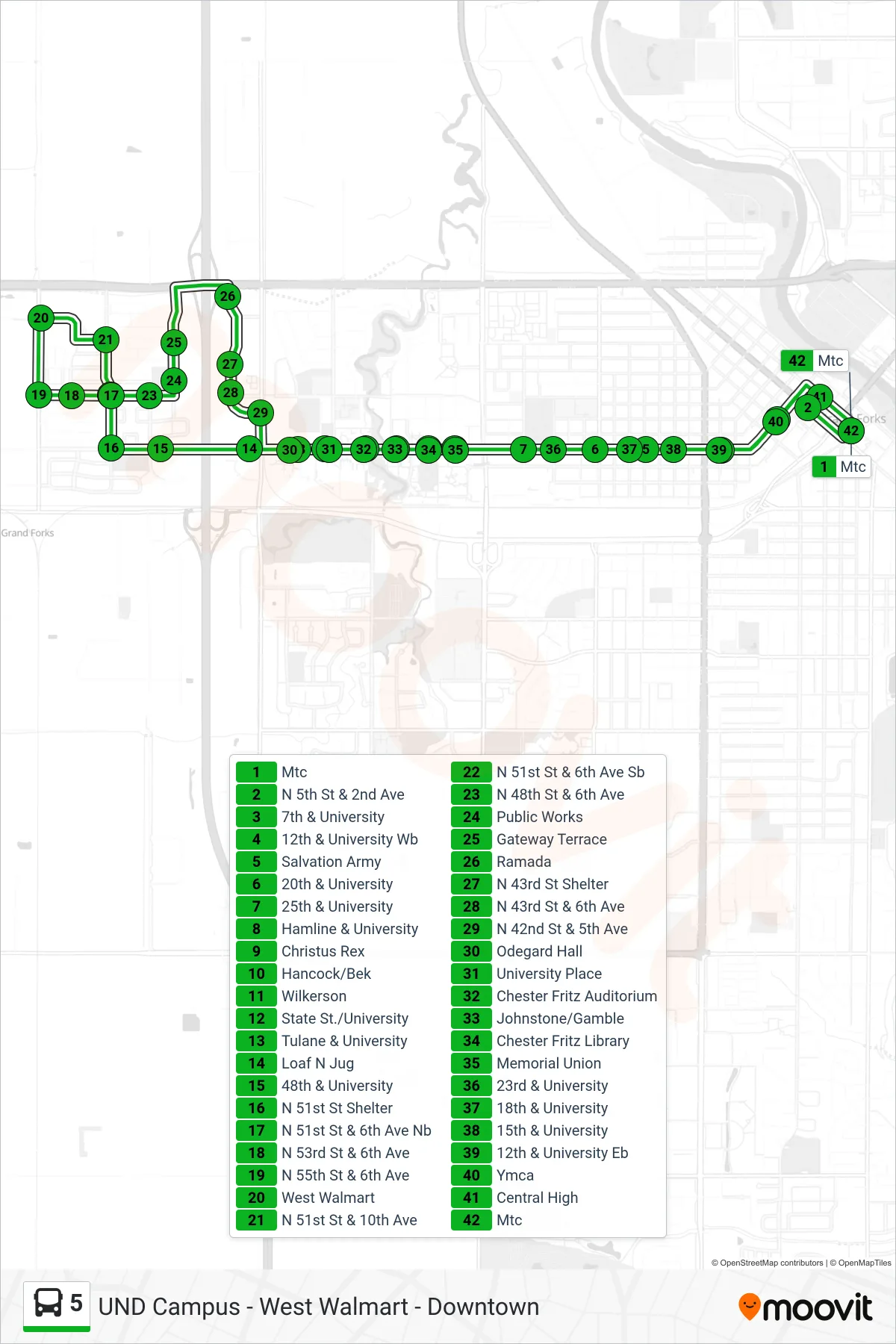 5 bus Line (Mtc→Mtc) route and stops on a map