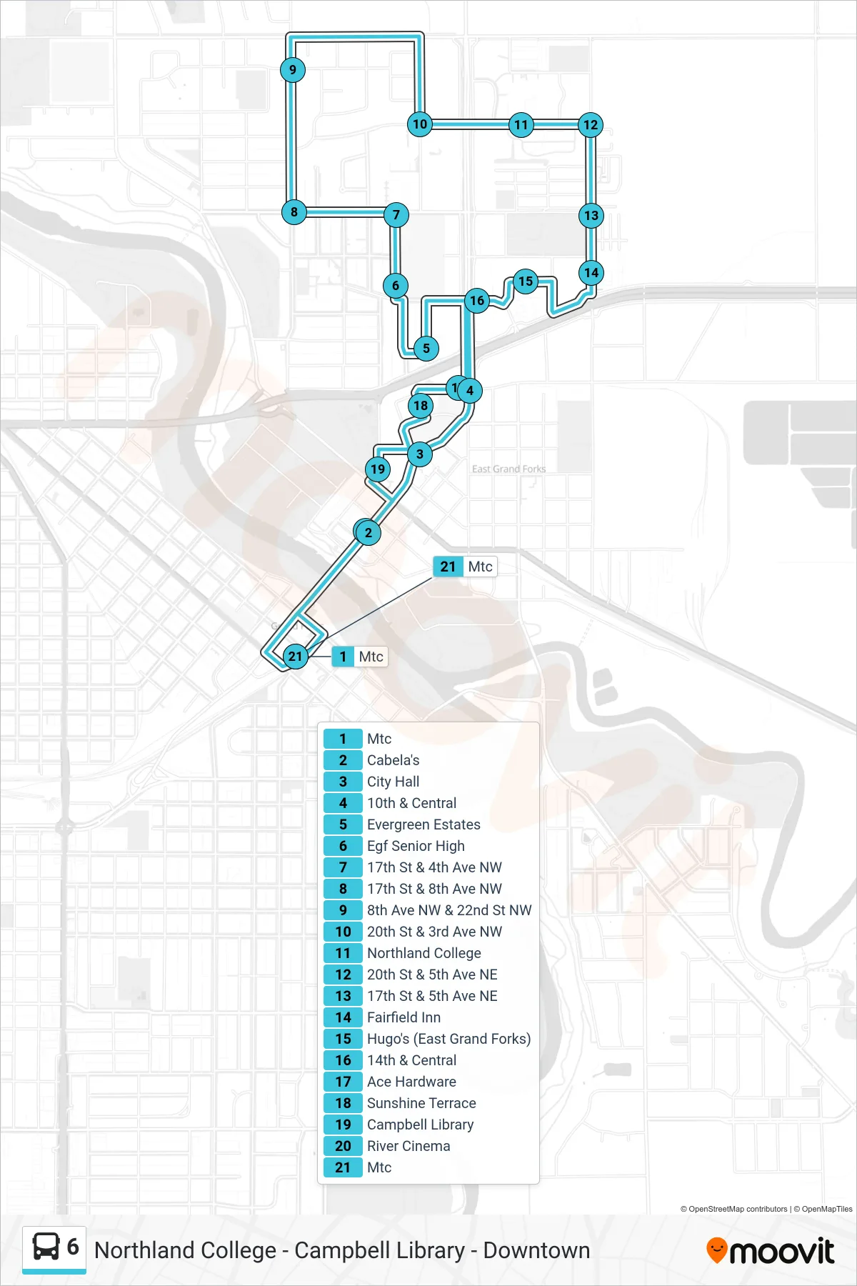 6 bus Line (Mtc→Mtc) route and stops on a map