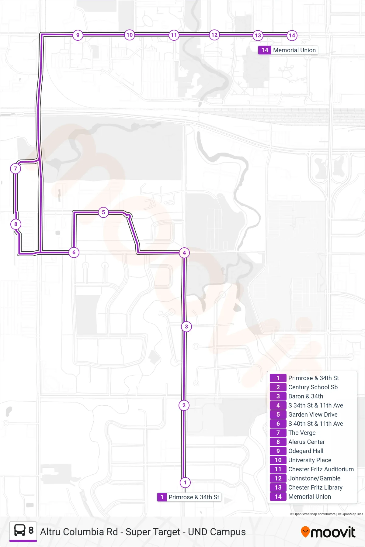 8 bus Line (Primrose & 34th St→Memorial Union) route and stops on a map