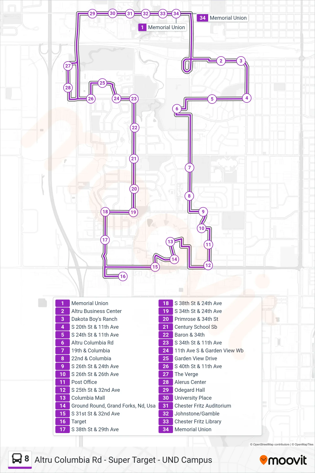 8 bus Line (Memorial Union→Memorial Union) route and stops on a map