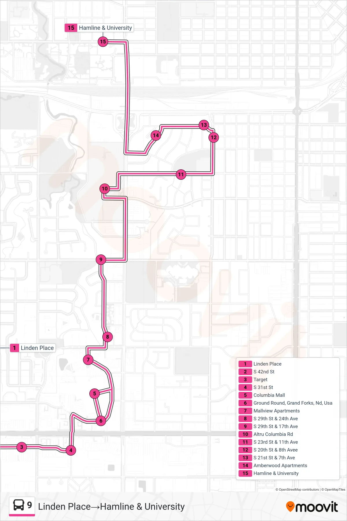 9 bus Line (Linden Place→Hamline & University) route and stops on a map