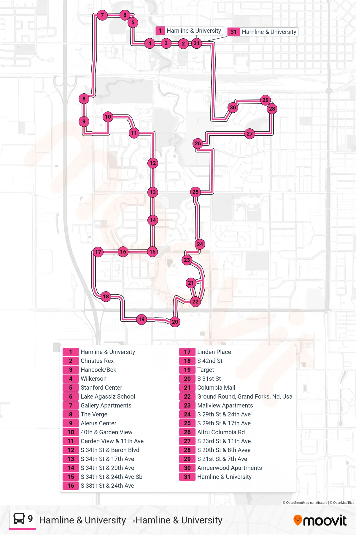 9 bus Line (Hamline & University→Hamline & University) route and stops on a map