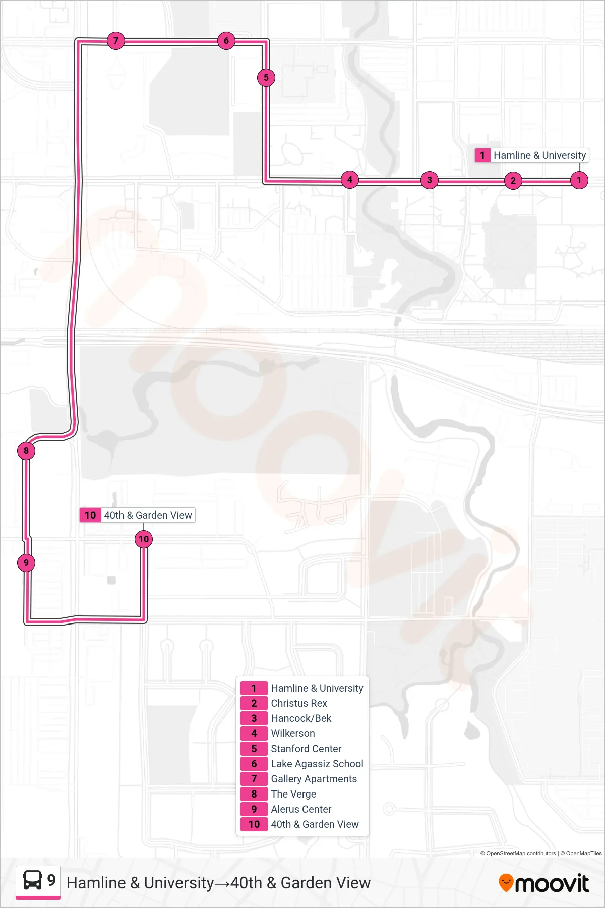 9 bus Line (Hamline & University→40th & Garden View) route and stops on a map