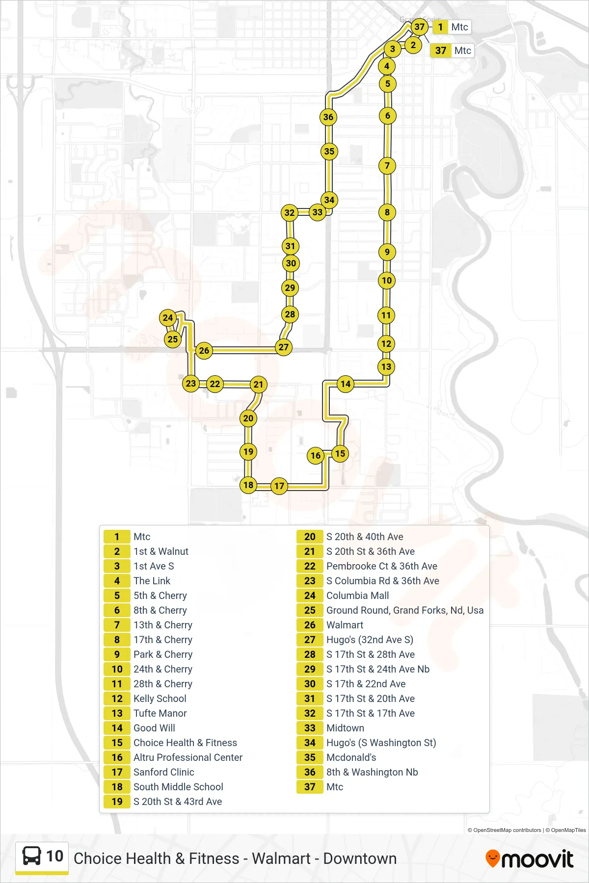 10 bus Line (Mtc→Mtc) route and stops on a map