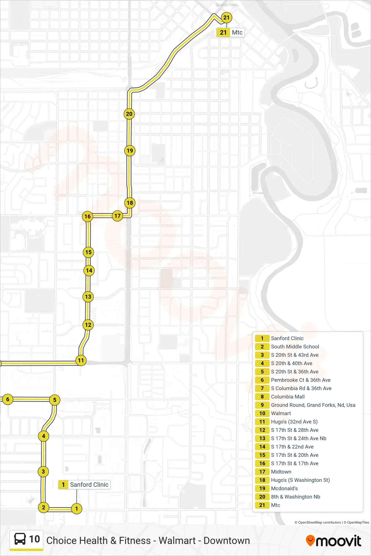 10 bus Line (Sanford Clinic→Mtc) route and stops on a map
