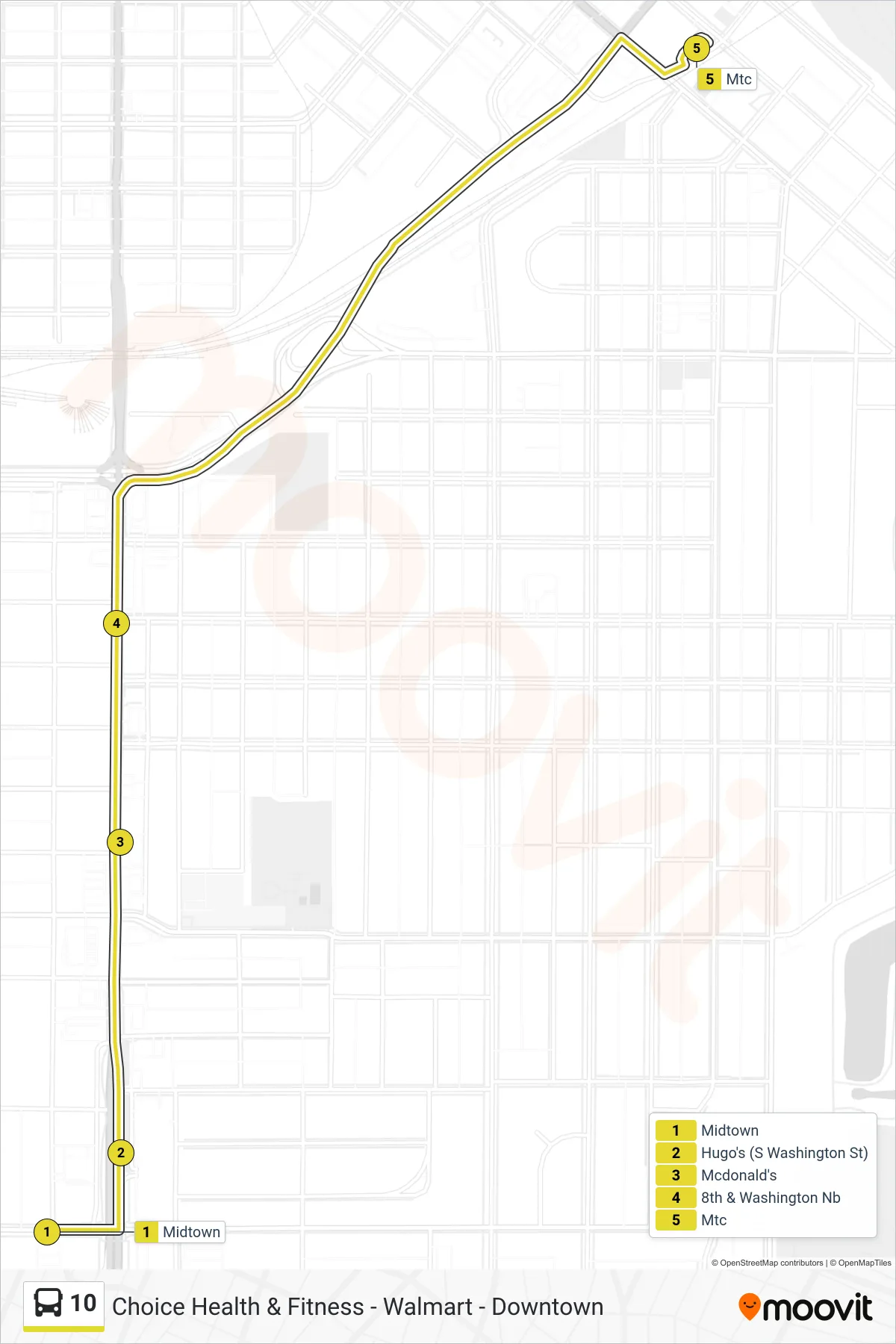 10 bus Line (Midtown→Mtc) route and stops on a map