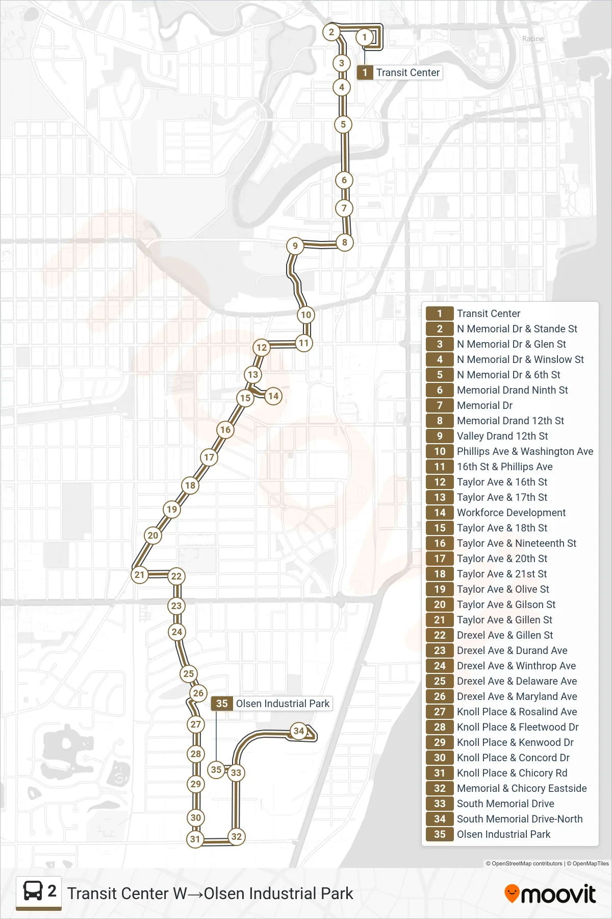 2 bus Line (Transit Center W‎→Olsen Industrial Park) route and stops on a map