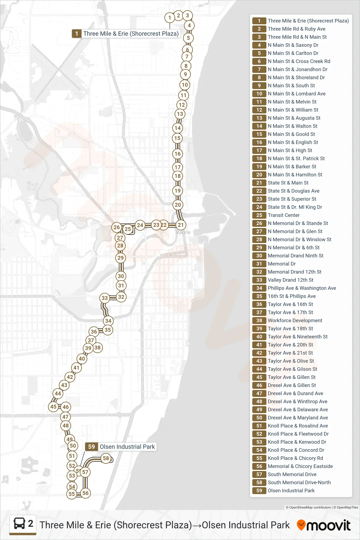 2 bus Line (Three Mile & Erie (Shorecrest Plaza)‎→Olsen Industrial Park) route and stops on a map