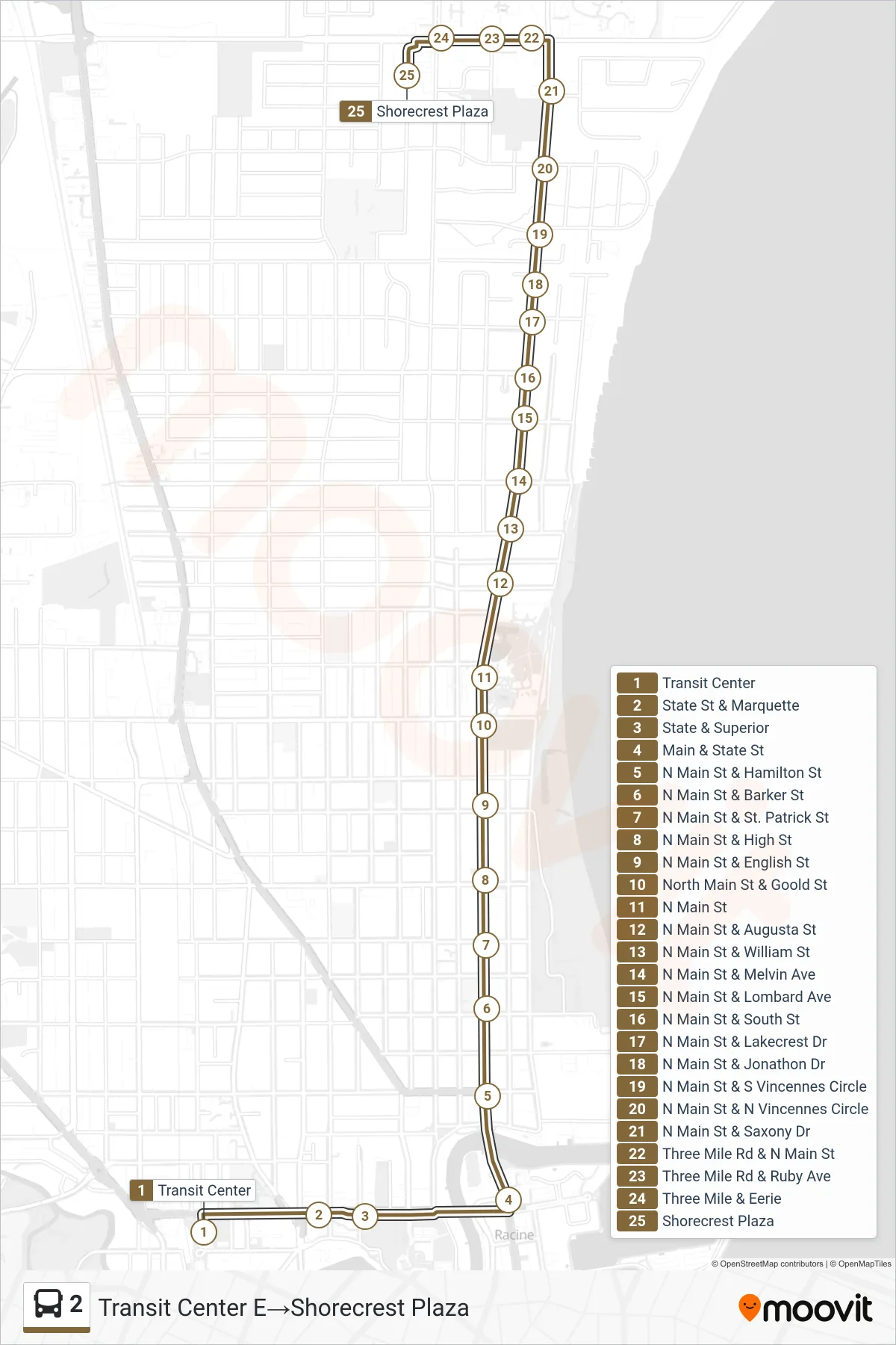 2 bus Line (Transit Center E→Shorecrest Plaza) route and stops on a map