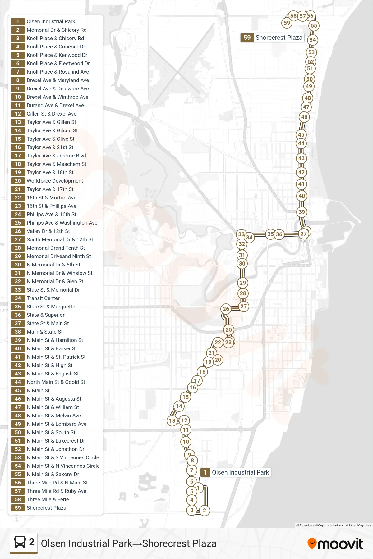 2 bus Line (Olsen Industrial Park‎→Shorecrest Plaza) route and stops on a map