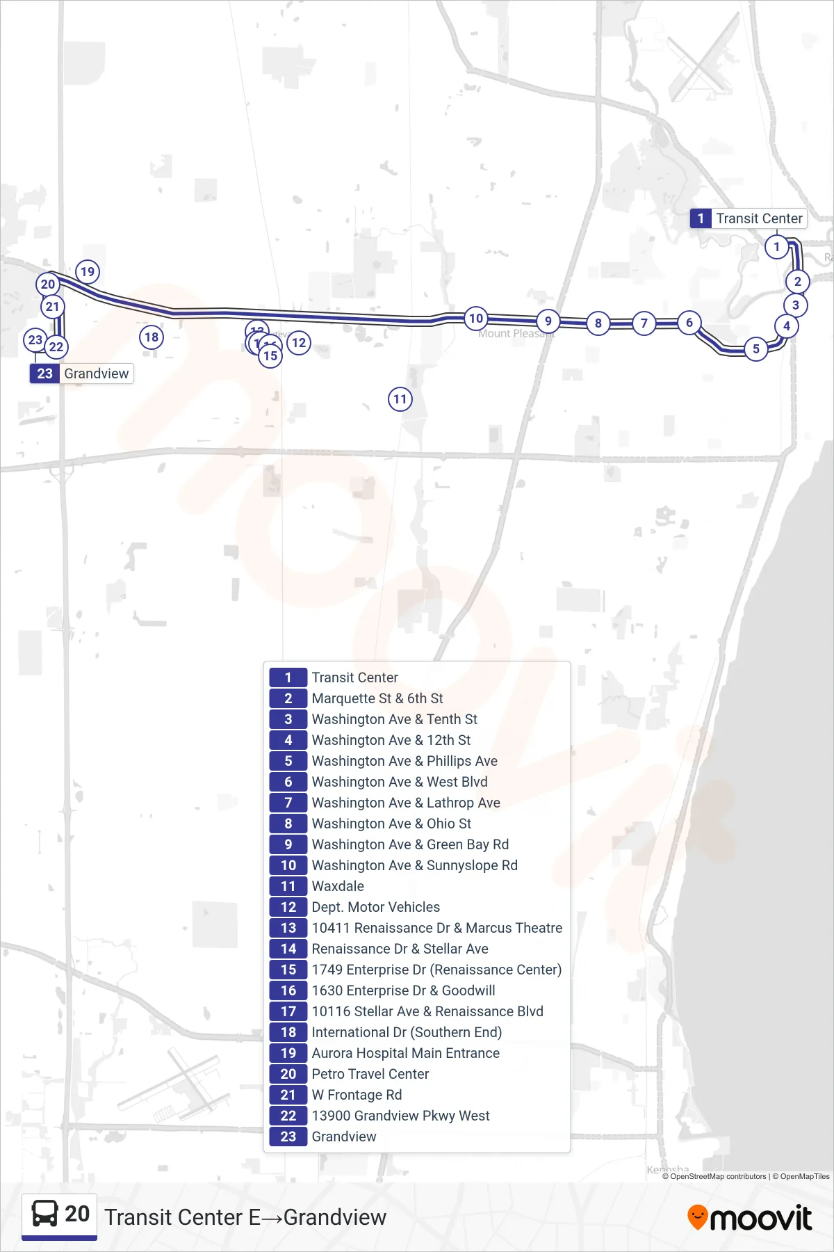 20 bus Line (Transit Center E‎→Grandview) route and stops on a map