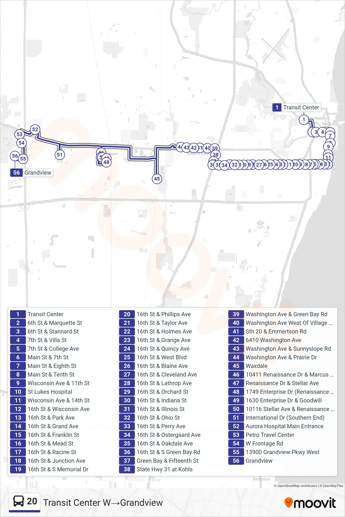20 bus Line (Transit Center W‎→Grandview) route and stops on a map