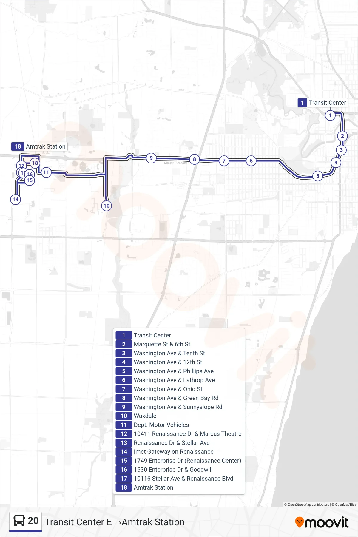 20 bus Line (Transit Center E→Amtrak Station) route and stops on a map