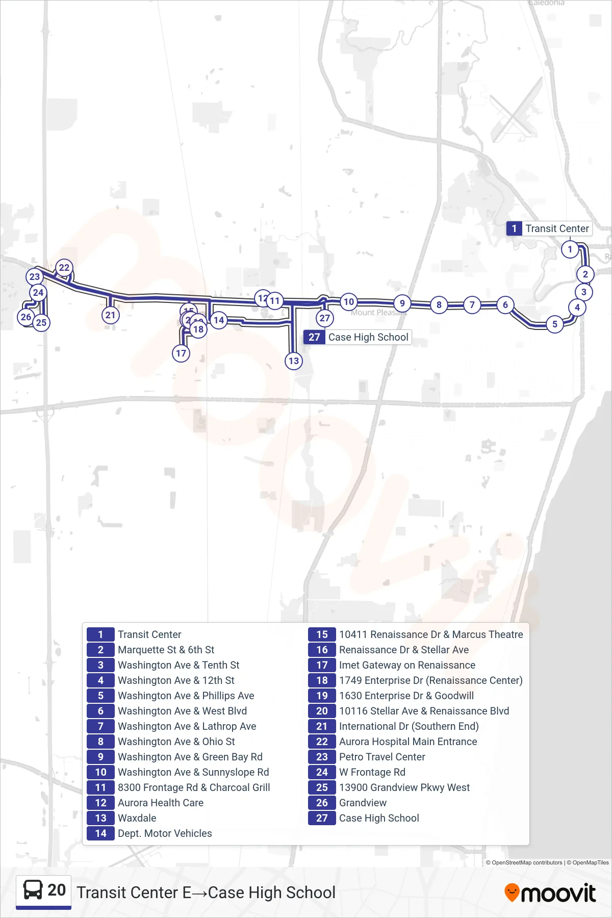 20 bus Line (Transit Center E→Case High School) route and stops on a map