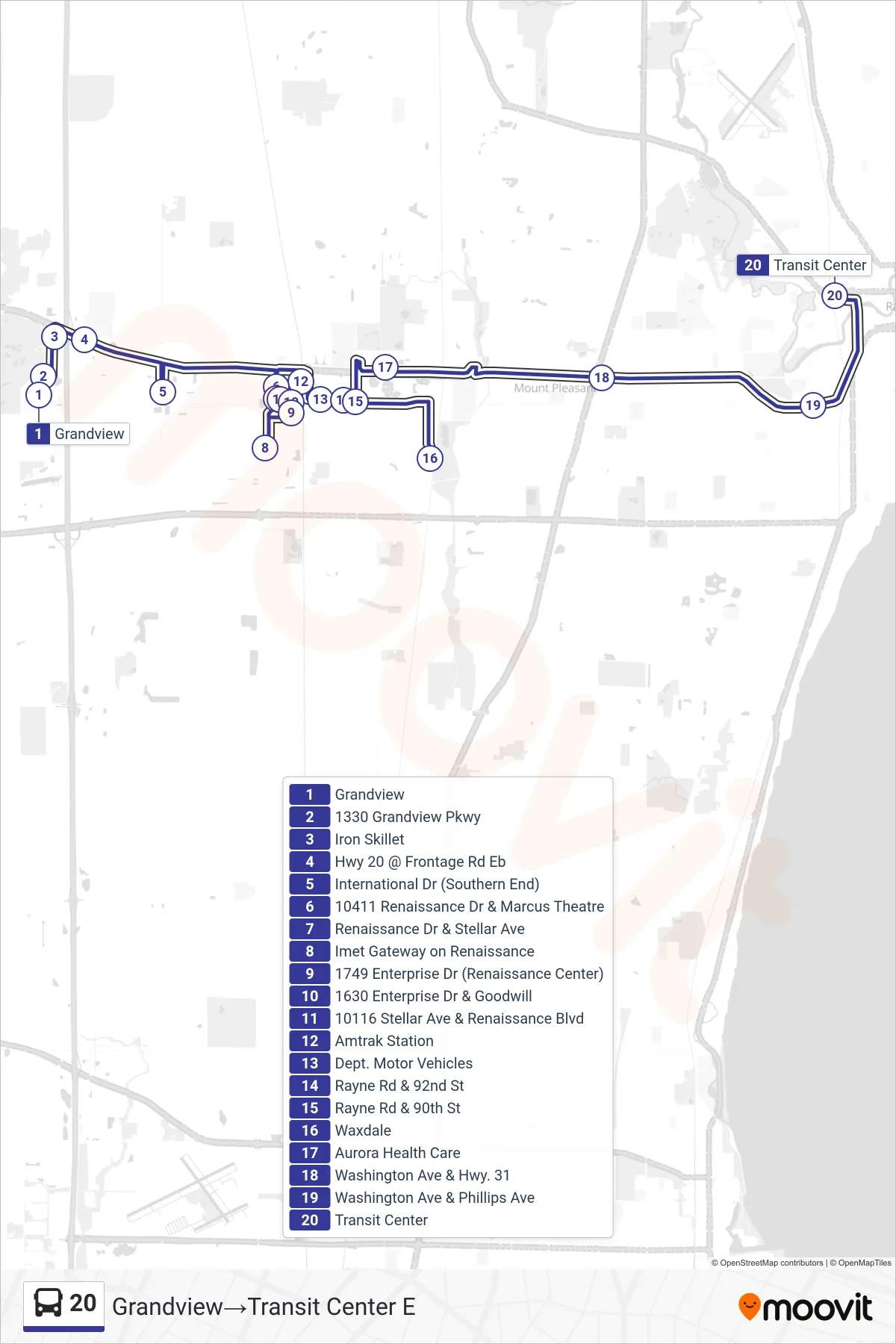 20 bus Line (Grandview‎→Transit Center E) route and stops on a map